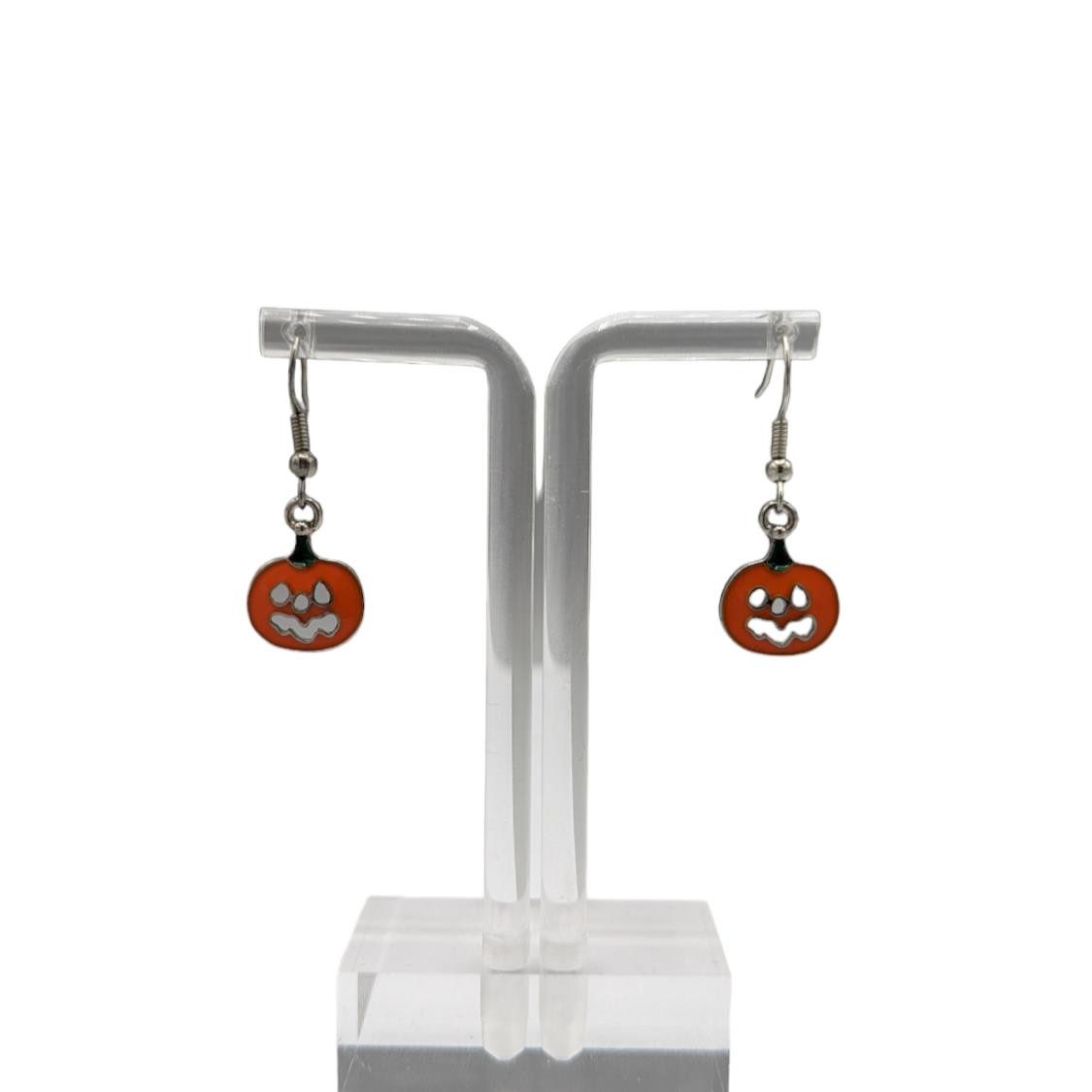 Eyecatcher Ohrring und Ketten Set Halloween Ohrhaken im kleiner Kürbis Design orange grün silber (Paar)