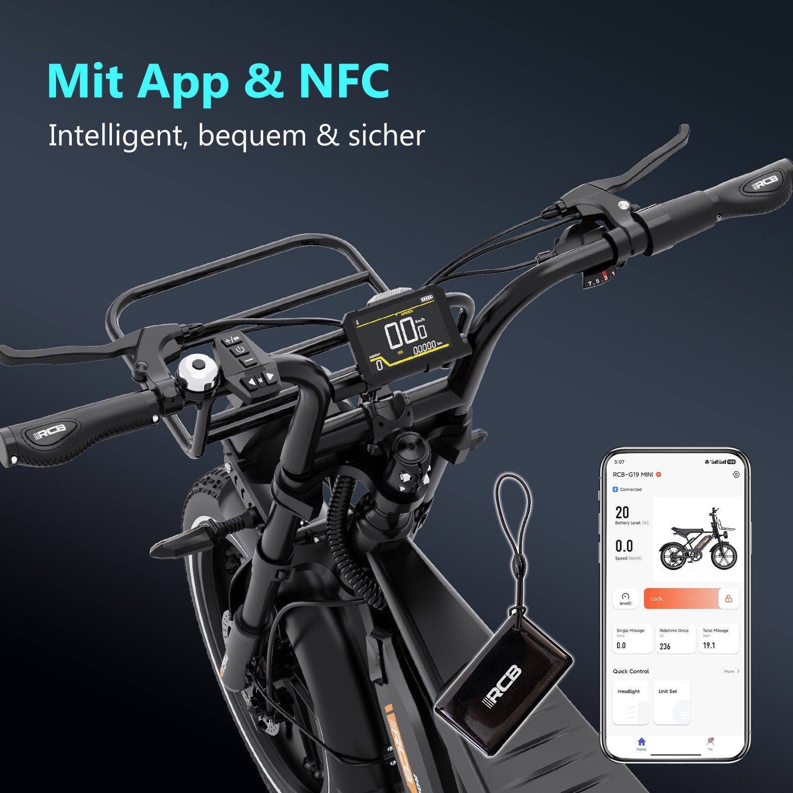 RCB E-Bike Pedelec G19 mini Elektrofahrrad,16x4,0Zoll,Richweite 70-100KM,36V 13Ah,APP&NFC, 7 Gang, Heckmotor, 468 Wh, 630W Spitzenleistung, Drehmomentsensor, bi – Bild 5 von 5