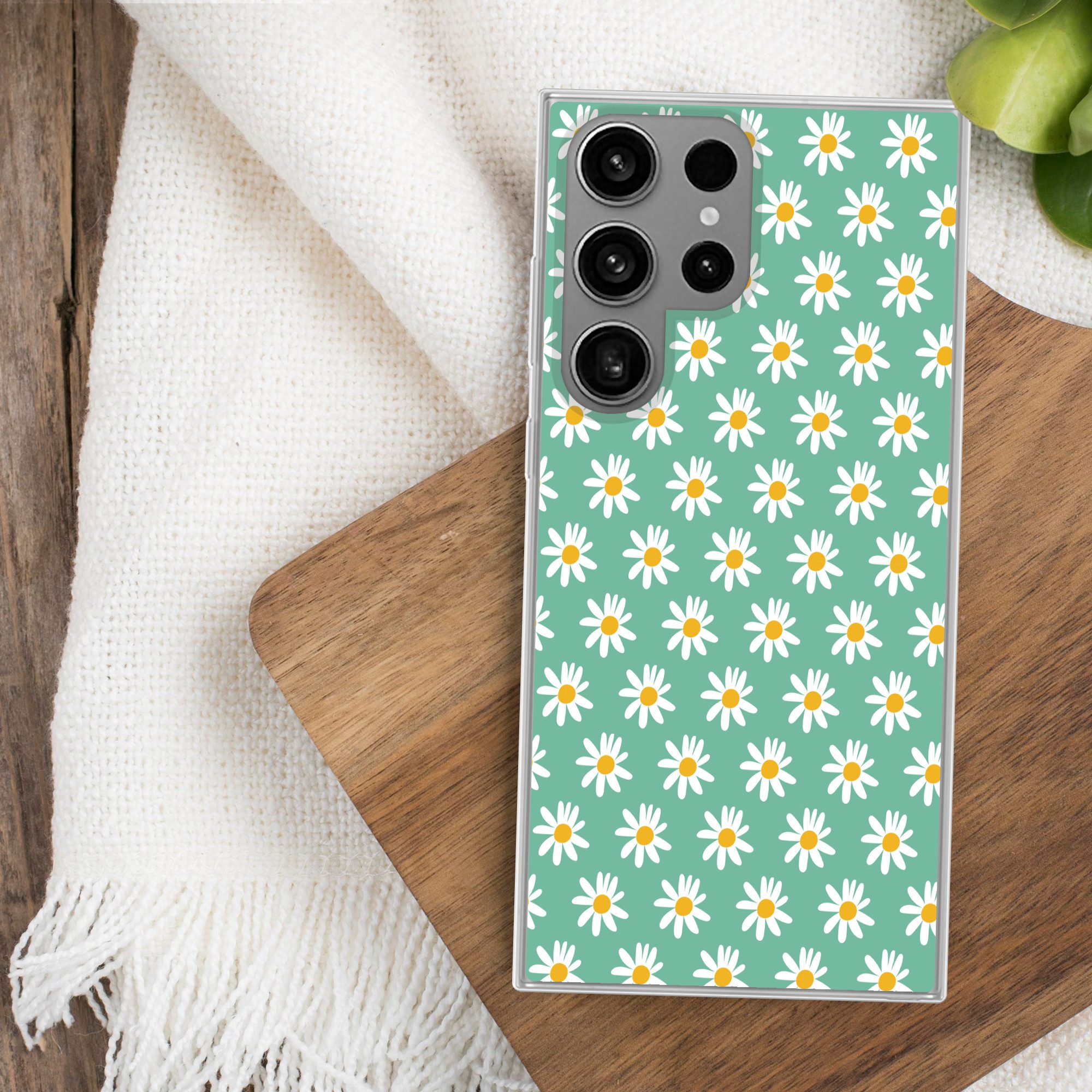MuchoWow Handyhülle für Samsung Galaxy S23 Ultra Gänseblümchen - Muster - Grün - Blumen