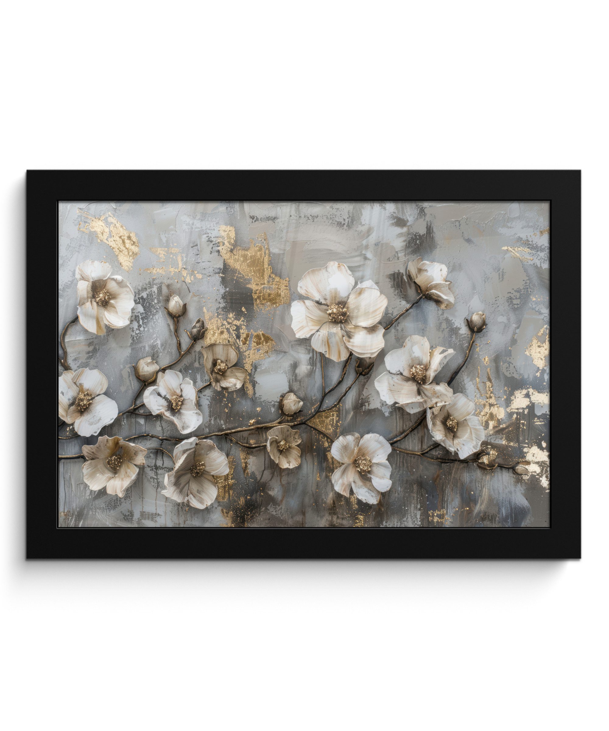 MuchoWow Poster Blumen - Weiß - Grau - Gold - Luxus, (1 St), Wandbilder, Deko Wohnzimmer Schlafzimmer, 30x20 cm