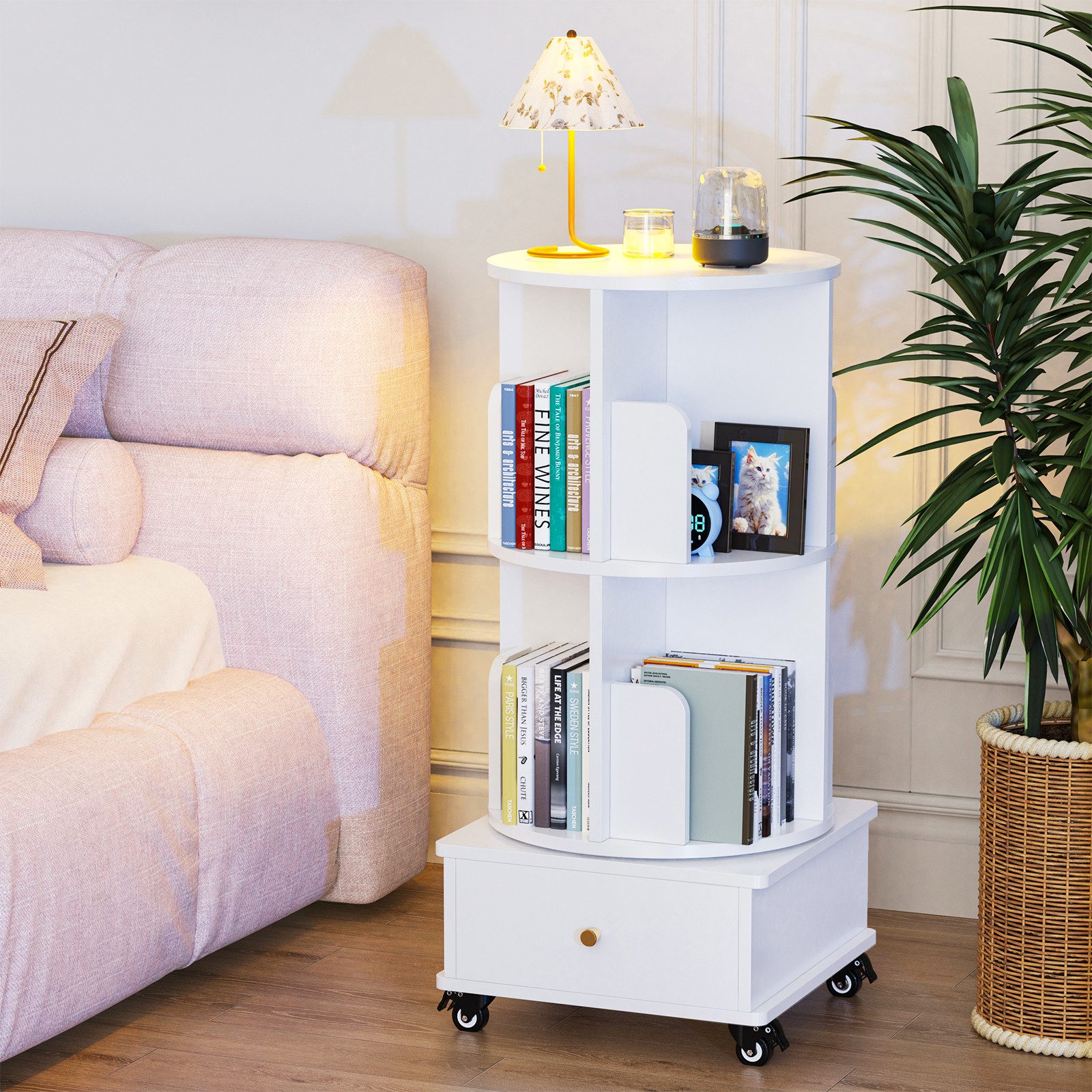 JEOBEST Bücherregal Drehbare Bücherregal, Standregal mit Schubladen, 1-tlg., 360° Rotating Bookshelf, mit Rollen – Bild 4 von 4