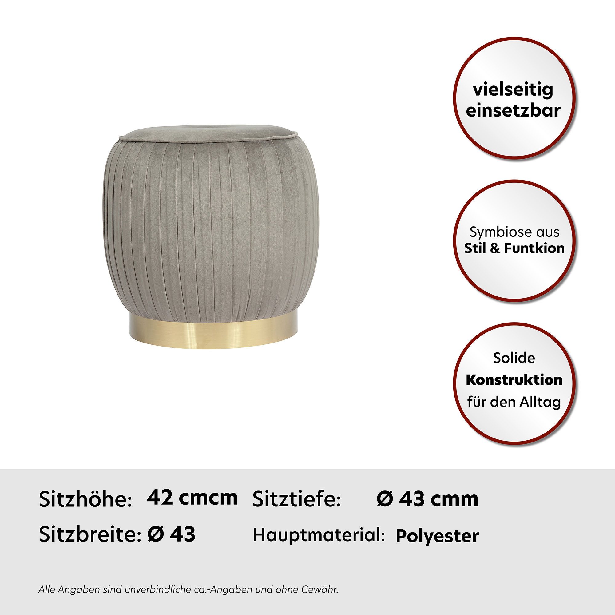 Kayoom Polsterhocker Hocker Lyla 125, Edler Touch durch goldenen Sockel, Samtbezug (1 St), samtweich, gesteppte Ziernaht, Edelstahlsockel, Hochwertiger Samtbezug