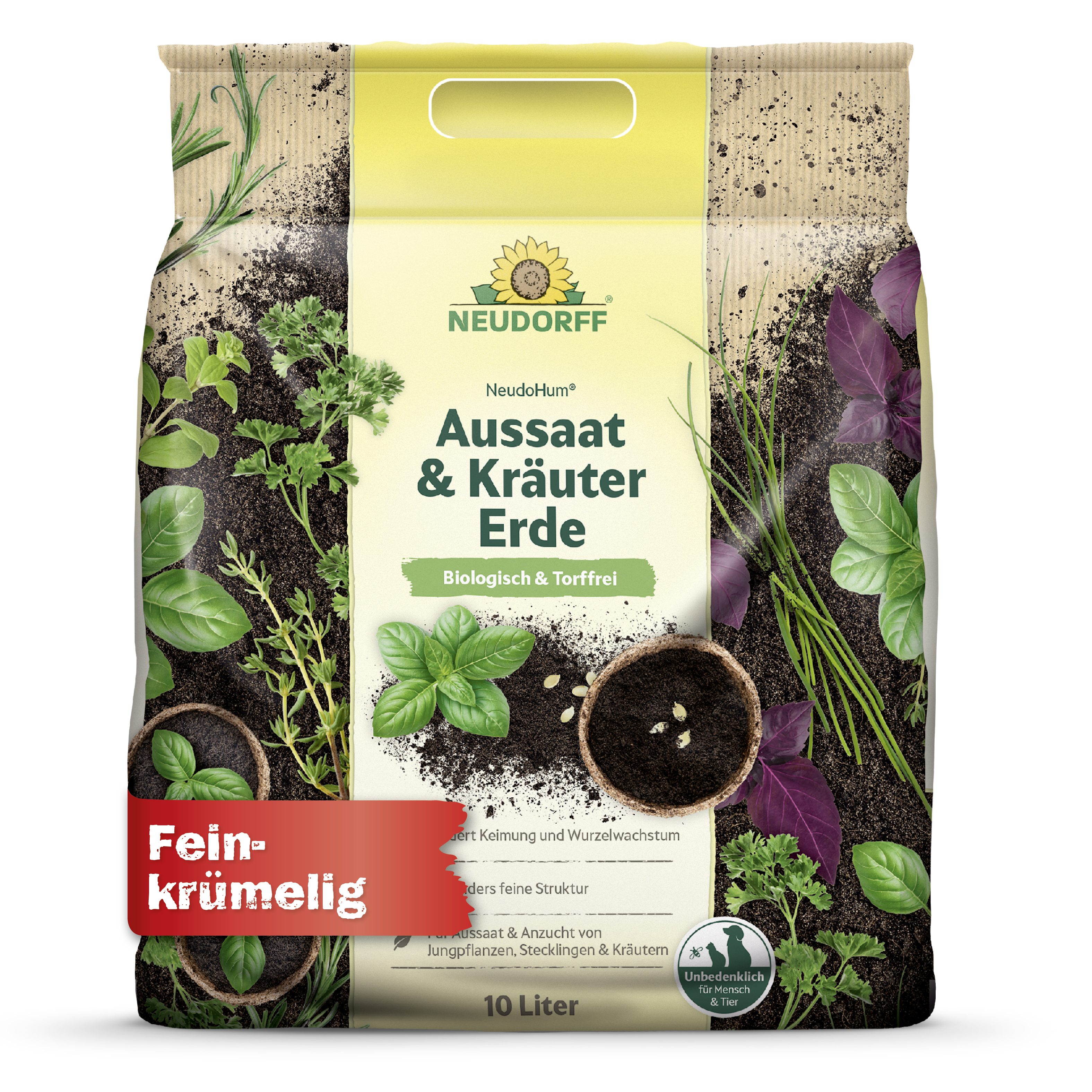 Neudorff Anzucht- und Kräutererde NeudoHum Aussaat- & KräuterErde, mit Schwache organische Grunddüngung, (Einzelartikel, Fördert Keimung und Wurzelwachstum bei Jungpflanzen), Biologisch, torffrei, besonders feine Struktur, fördert Keimung