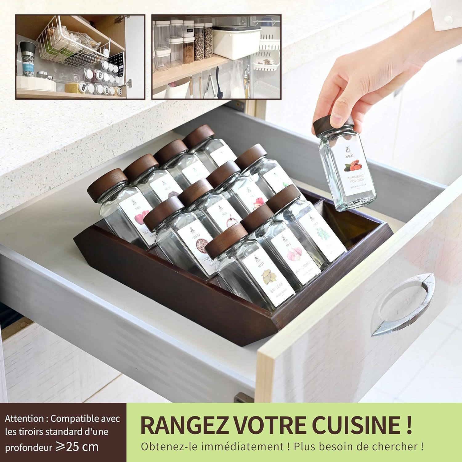 KingLux Gewürzbehälter Gewürz Organizer Akazien Holz mit 12x120ml gewürzgläser eckig, (12-tlg)