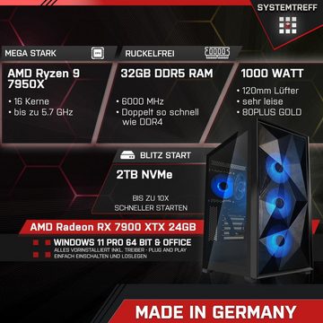 SYSTEMTREFF Gaming-PC (AMD Ryzen 9 7950X, Radeon RX 7900 XTX, 32 GB RAM, 2000 GB SSD, Wasserkühlung, Windows 11, WLAN)