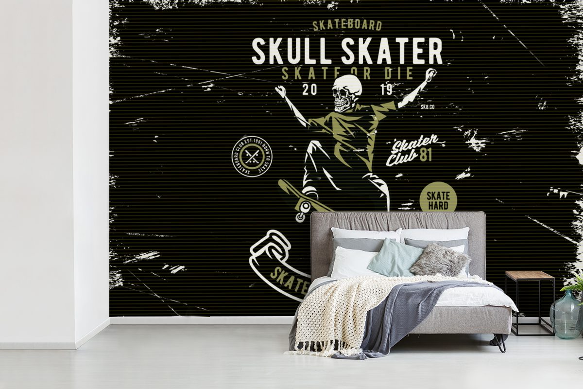 Wallpaper St), Retro, Fototapete (6 Skelett - Vinyl Tapete bedruckt, Schlafzimmer, Wohnzimmer, MuchoWow für Skateboard - Matt, Kinderzimmer,