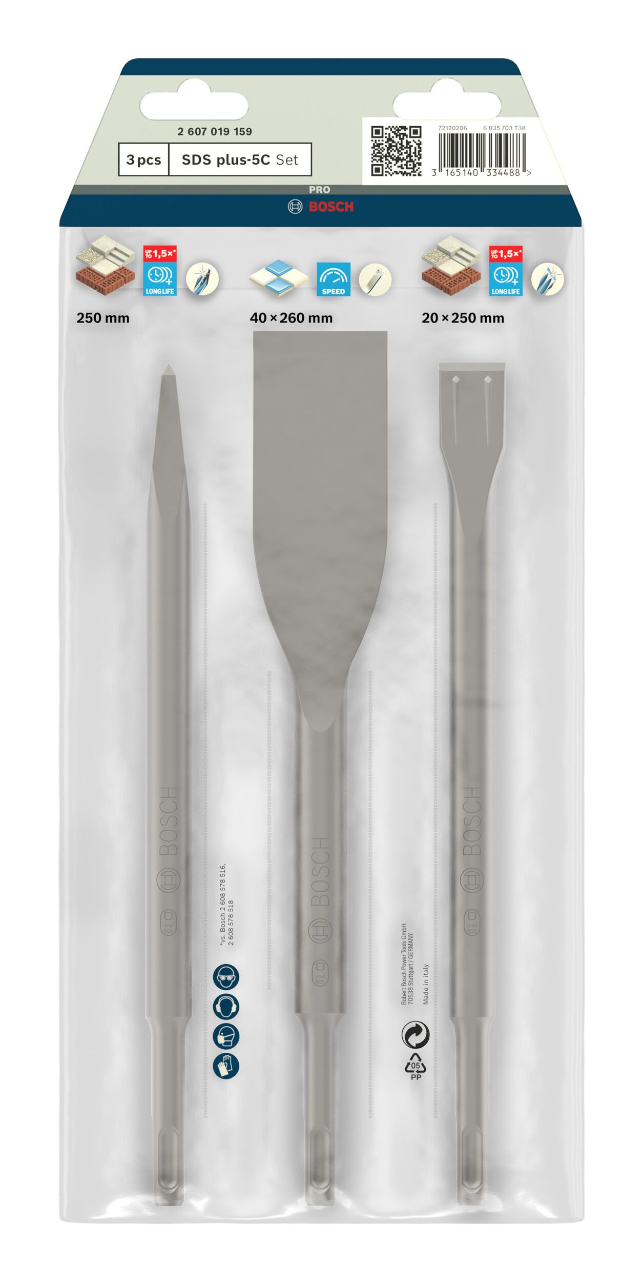 BOSCH Universalbohrer Pro SDS plus-5C, (3 Teile), SDS plus-5C Meißelset, 0/40/20 x 250/260/250 mm, 3-teilig
