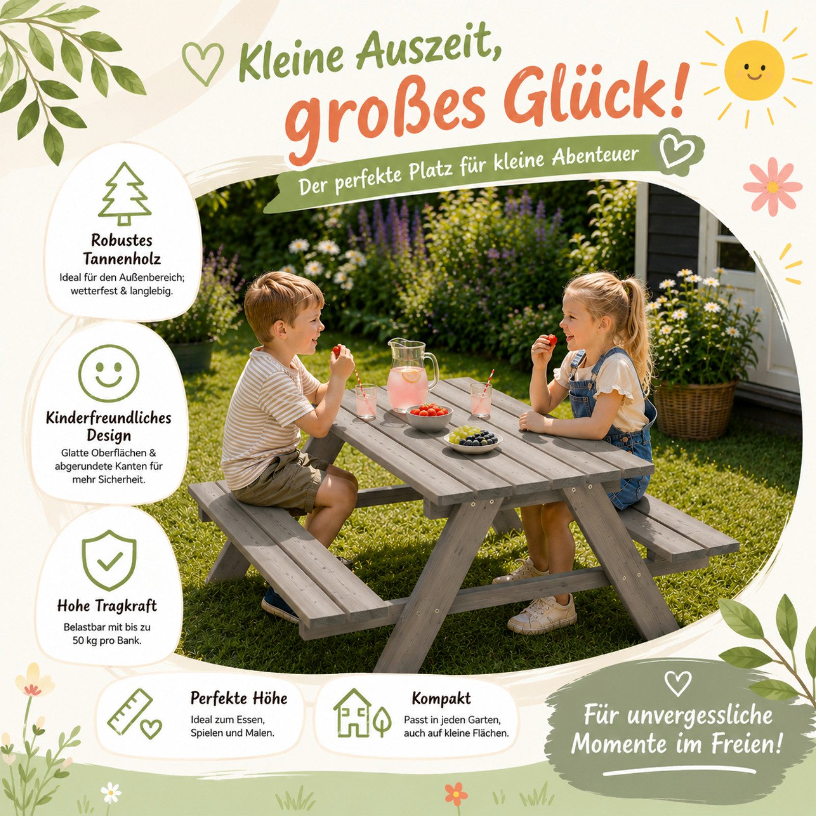 HAGO Garten-Kindersitzgruppe Sitzset Gartenbank Essplatz Picknick Spieltisch Tanne Holz, (1-tlg) – Bild 4 von 5