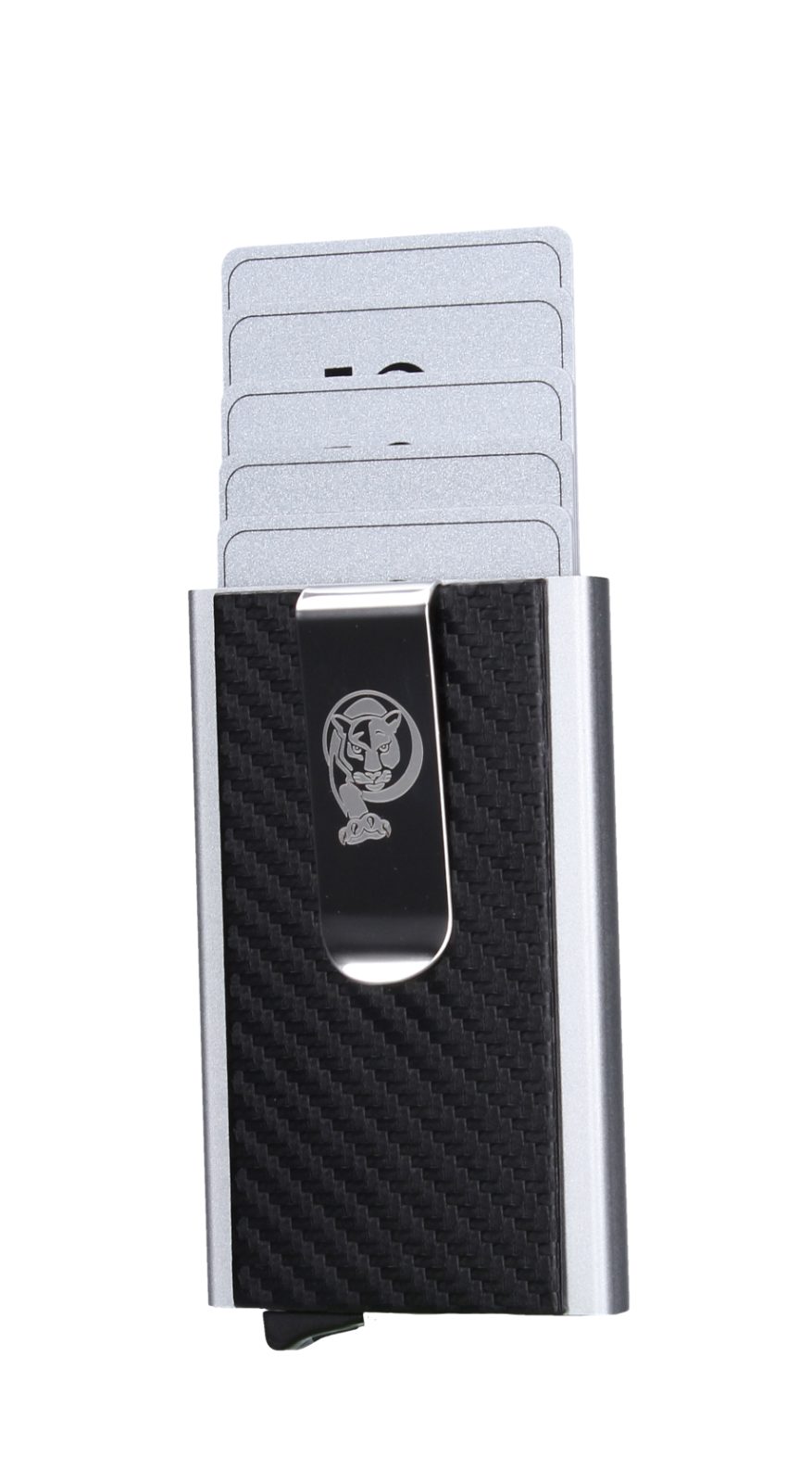 Vurago Mini Geldbörse CarbonCraft SecureSlim RFID Shield Kreditkartenetui mit Geldklammer (Kreditkartenetui in edler Geschenkbox, 1x Kreditkartenetui, 1x Geschenkbox), Verchromte und gravierte Geldspange mit Carbon Design