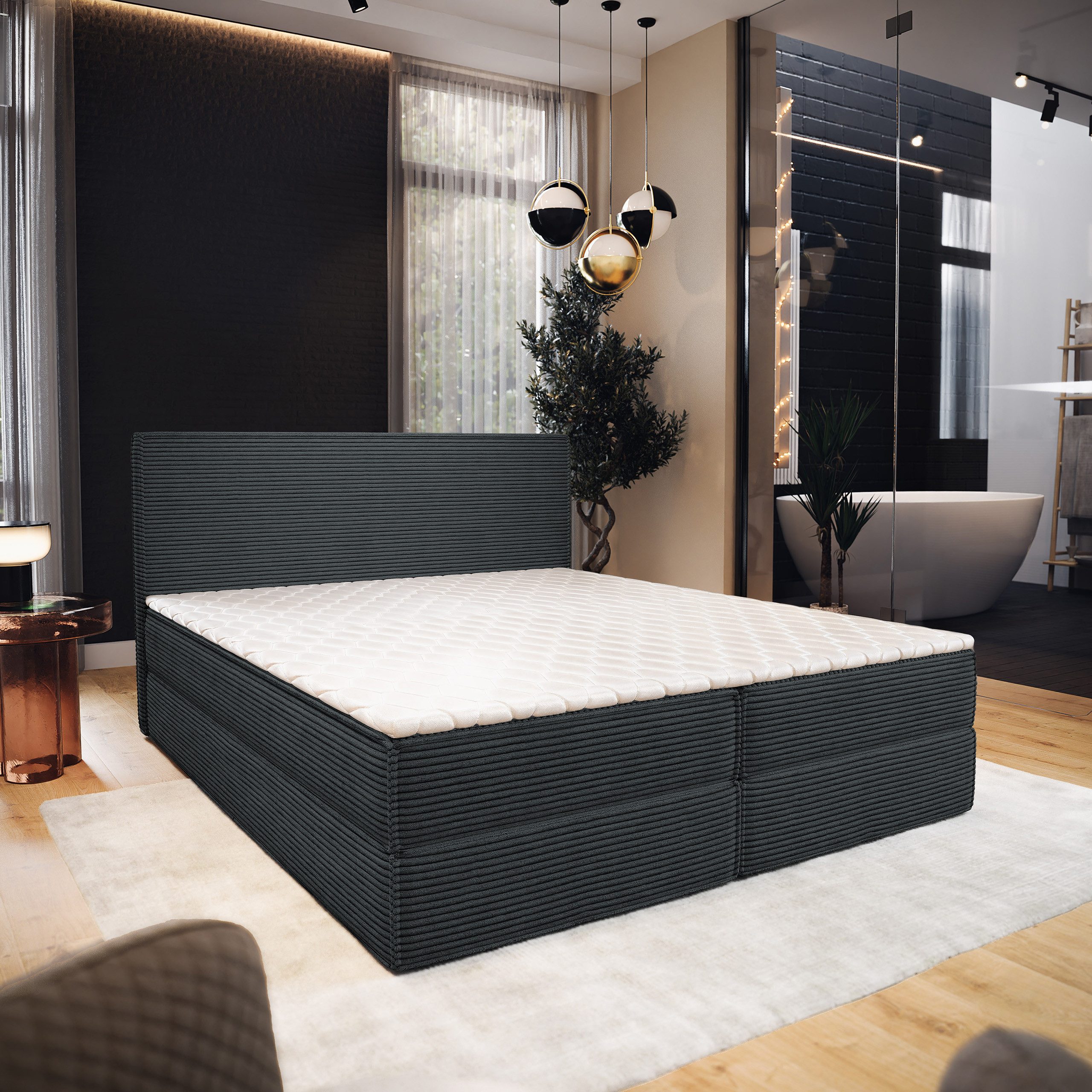 Masseno Boxbett PELLIO 140x200 cm mit Bonell Matratze und Topper, Doppelbett, Polsterbett mit Kopfteil, Boxspringbett