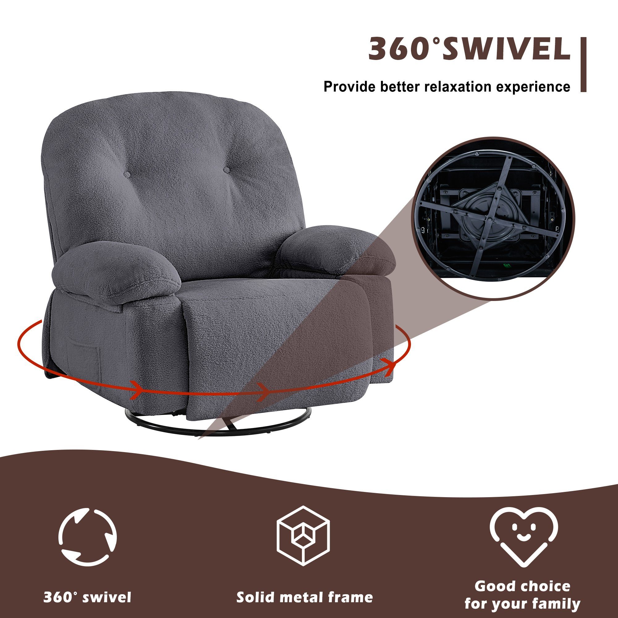 Timer Grau Fernbedienung Relaxsessel (Wohnzimmersessel, Heimkino-Loungesesse), mit 360° mit OKWISH und Drehfunktion TV-Sessel