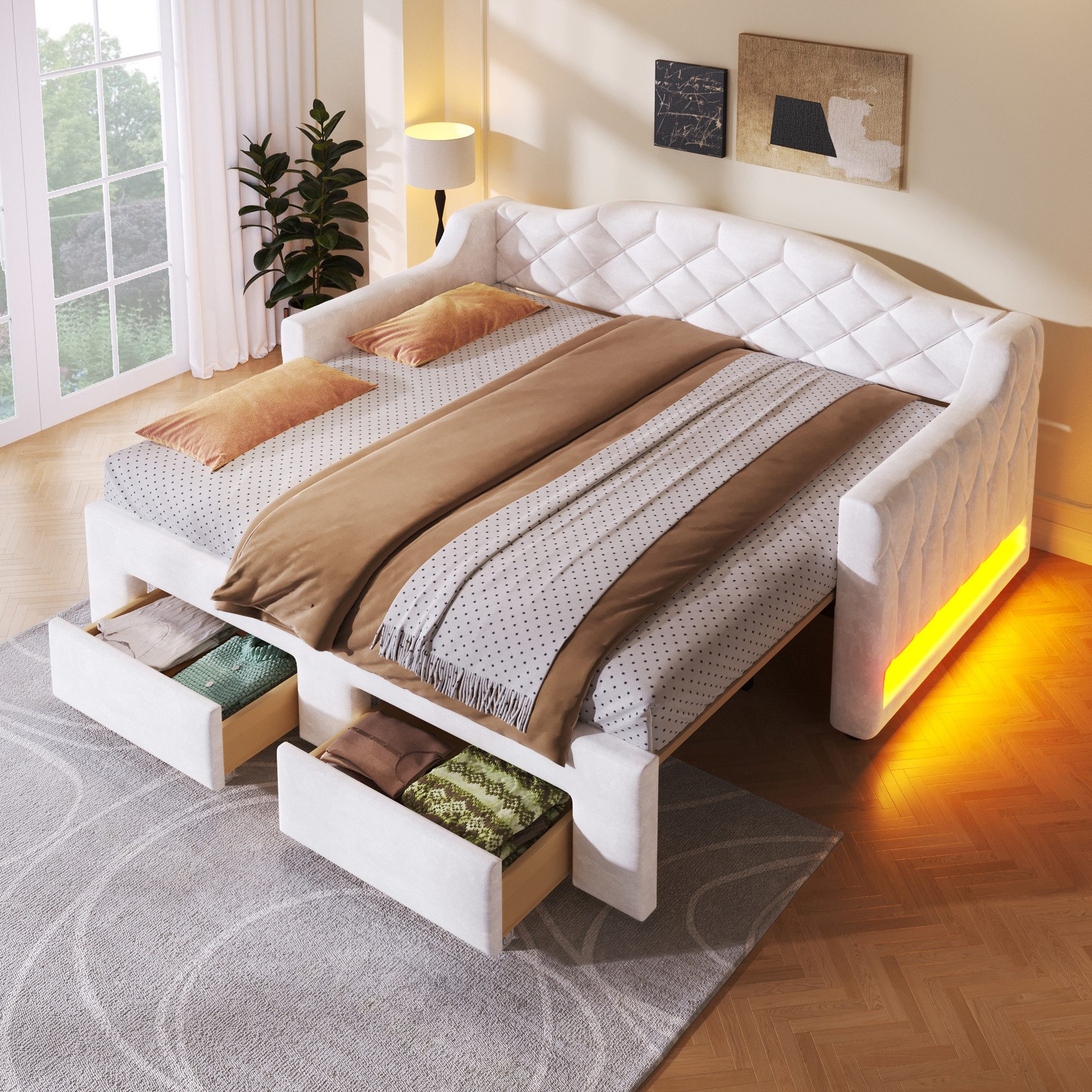 Odikalo Schlafsofa Schlafcouch mit Ausziehbett & LED, Polster-Tagesbett, Ausziehfunktion flach oder aufgestellt