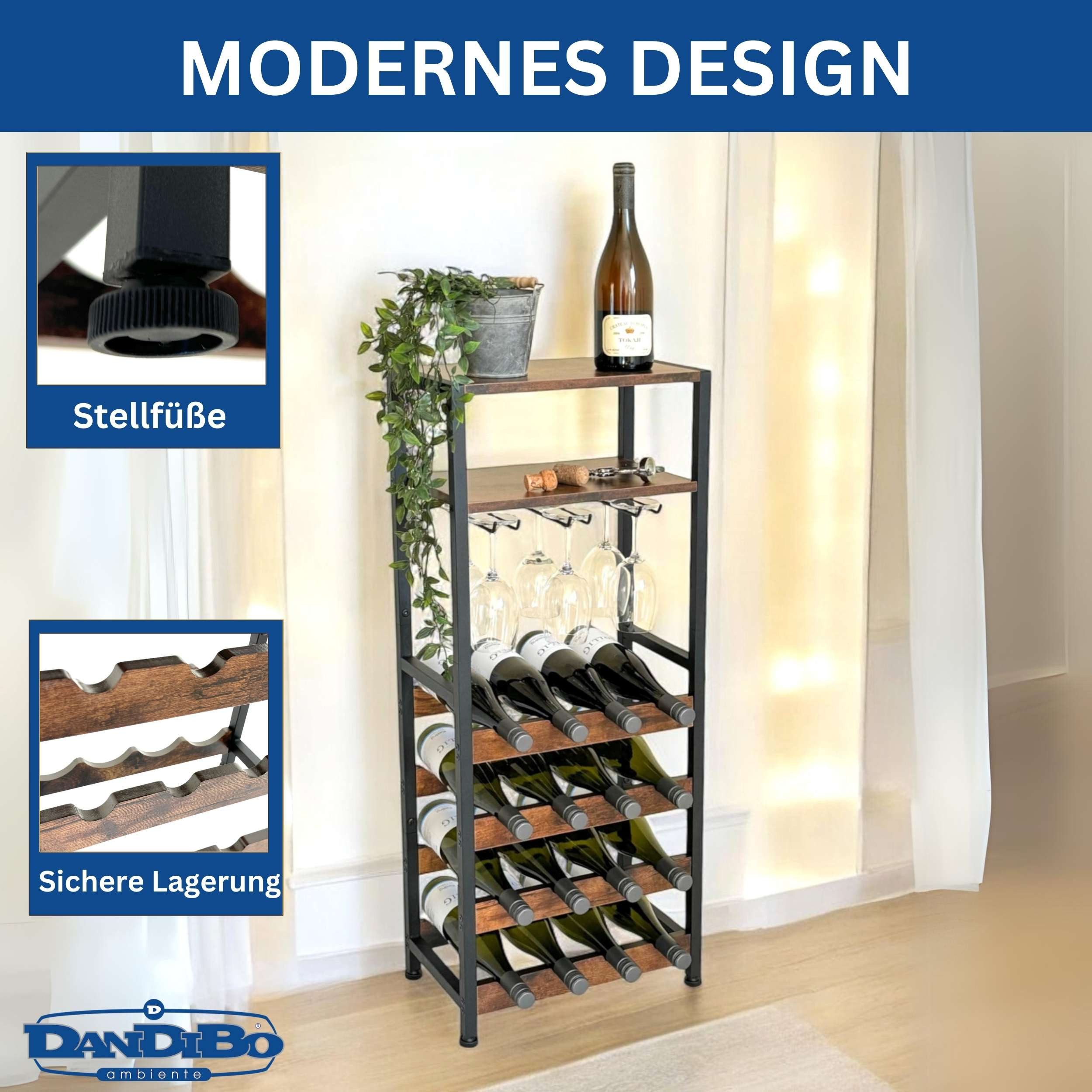 DanDiBo Weinregal Metall Schwarz Stehend mit Glashalter 100 cm 96575 Flaschenregal, 2 Ablagen, Platz für 16 Flaschen