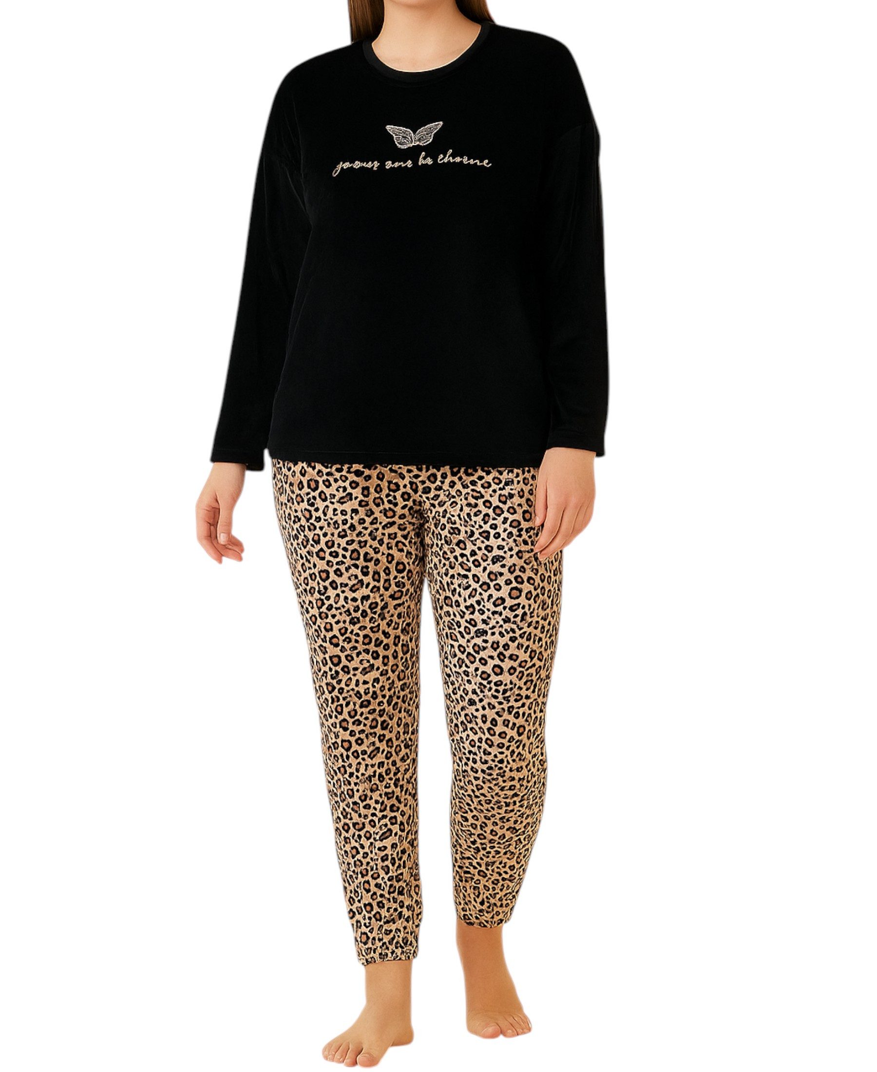 fashionshowcase Hausanzug Hausanzug Damen Samt Schlafanzug Loungewear Pyjama Set Leopardenmuster (2-teilig (Langarmshirt & Hose) Samt-Set mit Schmetterling Stickerei & Leopardenmuster