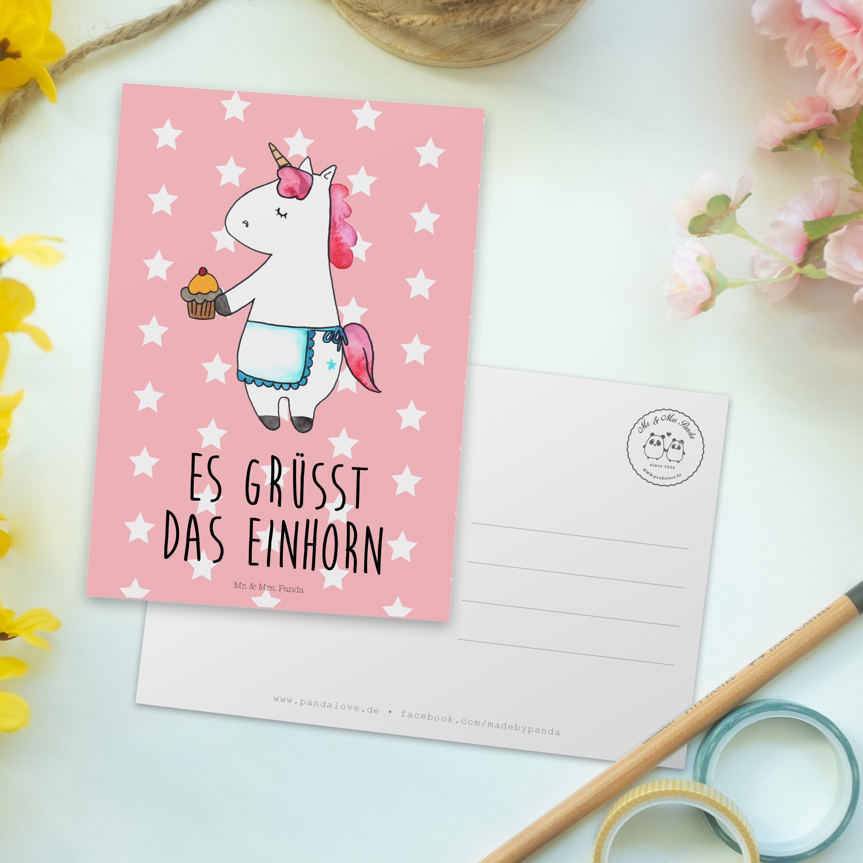 Mr. & Mrs. Einhorn Einlad Backen, Panda - - Pastell Rot Postkarte Einhorn Geschenk, Muffin Deko