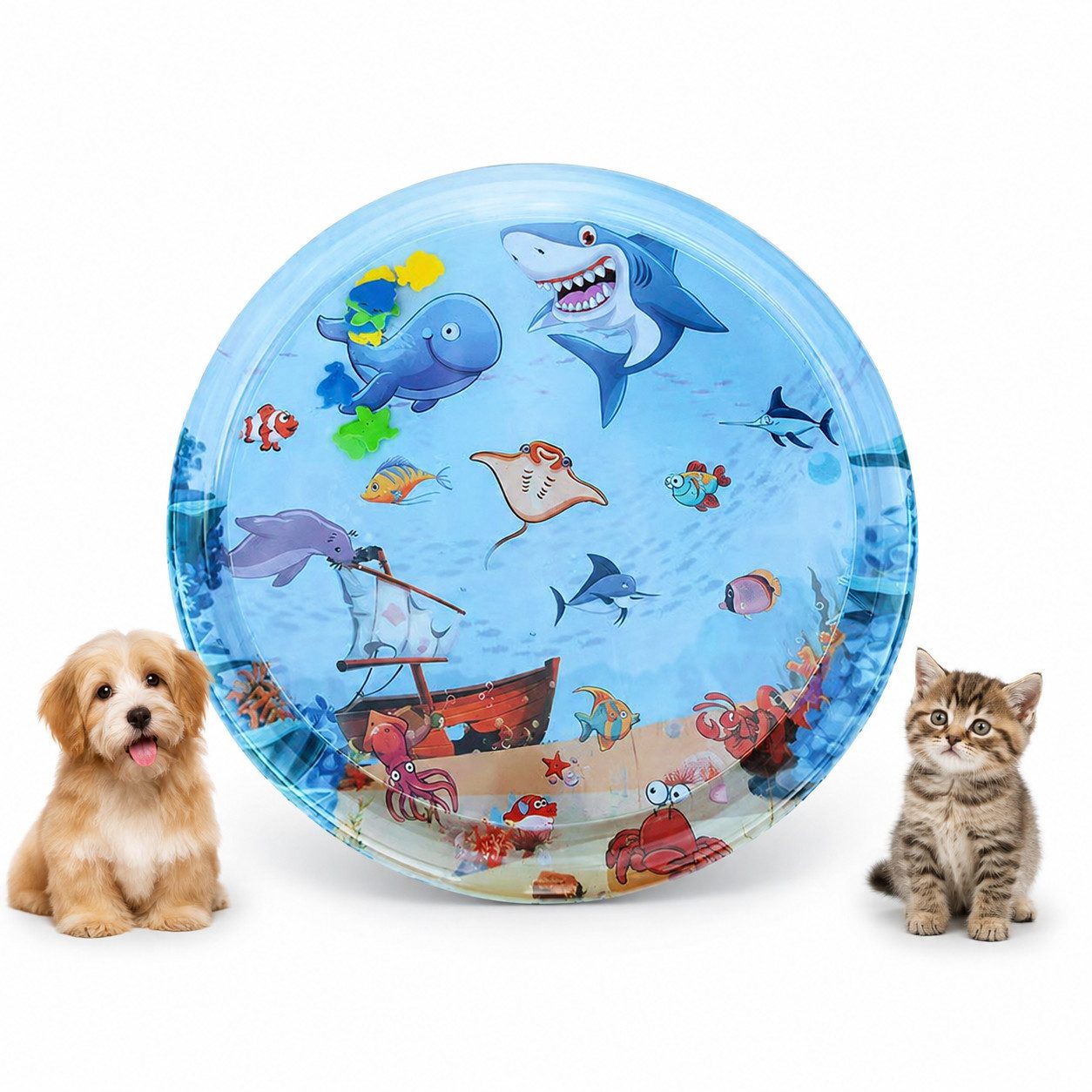 XEOOCE Tierkissen Aufblasbare Wassermatte Haustiere Kühlmatte Meerjungfrau 65x65 cm, 1 x aufblasbare Haustier-Kühlmatte,1 x Pumpe