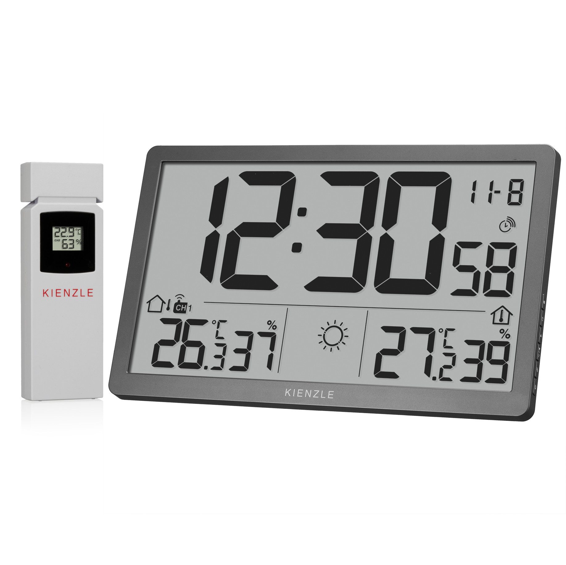 Kienzle Jumbo NEO LCD Wetter-Wanduhr horiz. anthrazit Innenwetterstation