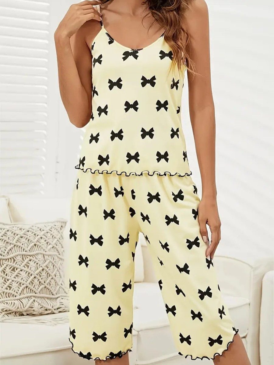 Elegant Love Capri-Pyjama Damen-Pyjama-Set – Nachtwäsche & Homewear mit Schleifenmuster (Set, 2 tlg., Träger-Top & 3/4-Hose) Bequemer Schlafanzug – Loungewear für alle Jahreszeiten