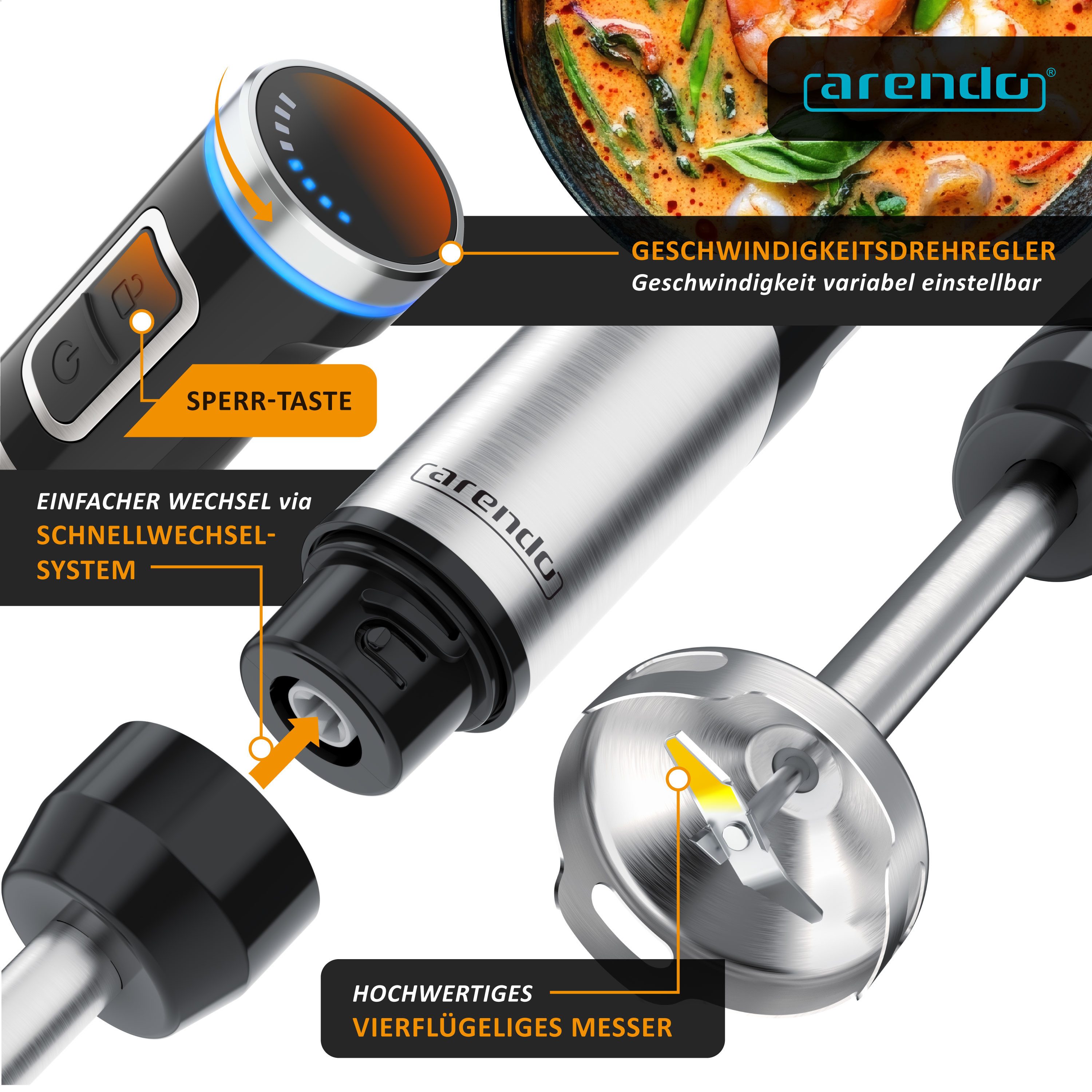 Arendo Akku-Stabmixer Edelstahl Pürierstab, Handmixer, stufenlose Regelung, Li-Ionen-Akku, 200 W, mit Schneebesen, Messbecher, 4-Klingen-Messer, Mixfuß, Tastens – Bild 4 von 5