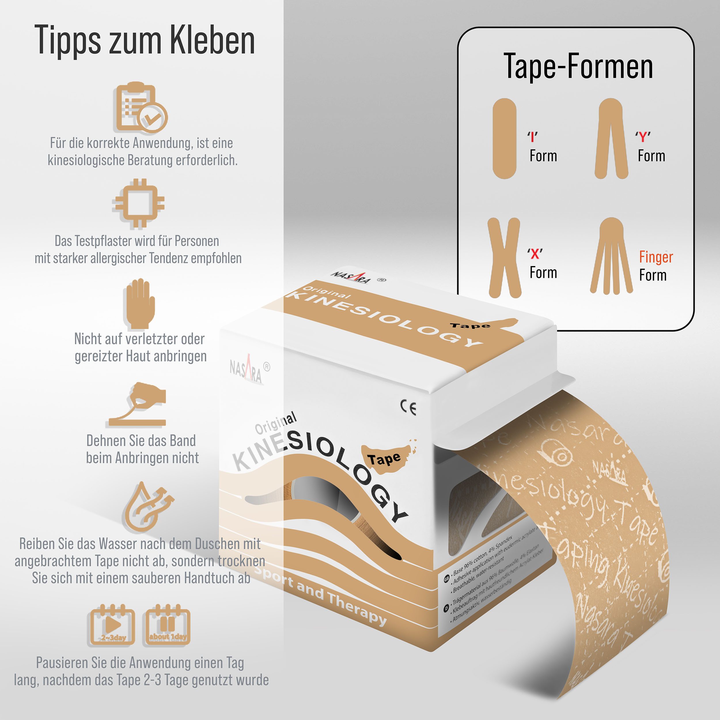 NASARA Kinesiologie-Tape 5m x 5 cm Rolle Sport- und Pysiotape mit langer Haftdauer in Beige 5m x 50 mm