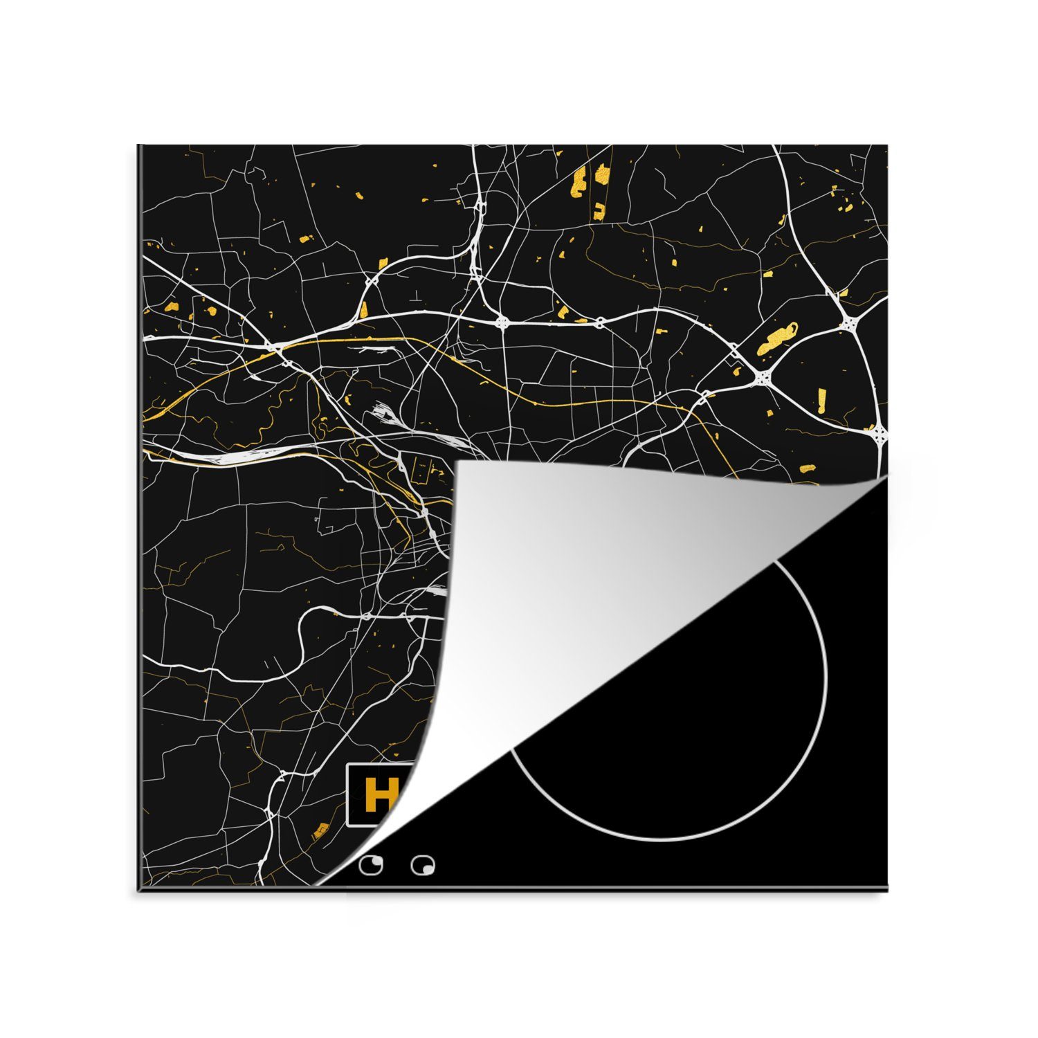 MuchoWow Herdblende-/Abdeckplatte Hannover - Gold - Stadtplan - Karte - Deutschland, Vinyl, (1 tlg), 78x78 cm, Ceranfeldabdeckung, Arbeitsplatte für küche