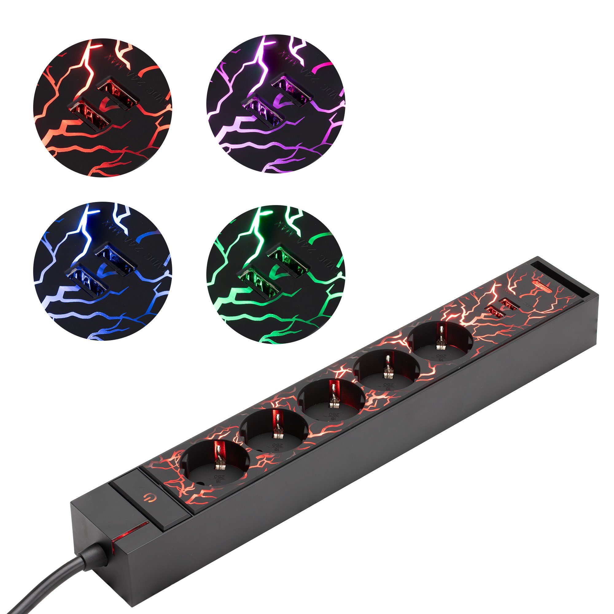 Navaris Steckdosenleiste, 5-fach Gaming Steckerleiste mit LED Beleuchtung - 2x USB - Schalter