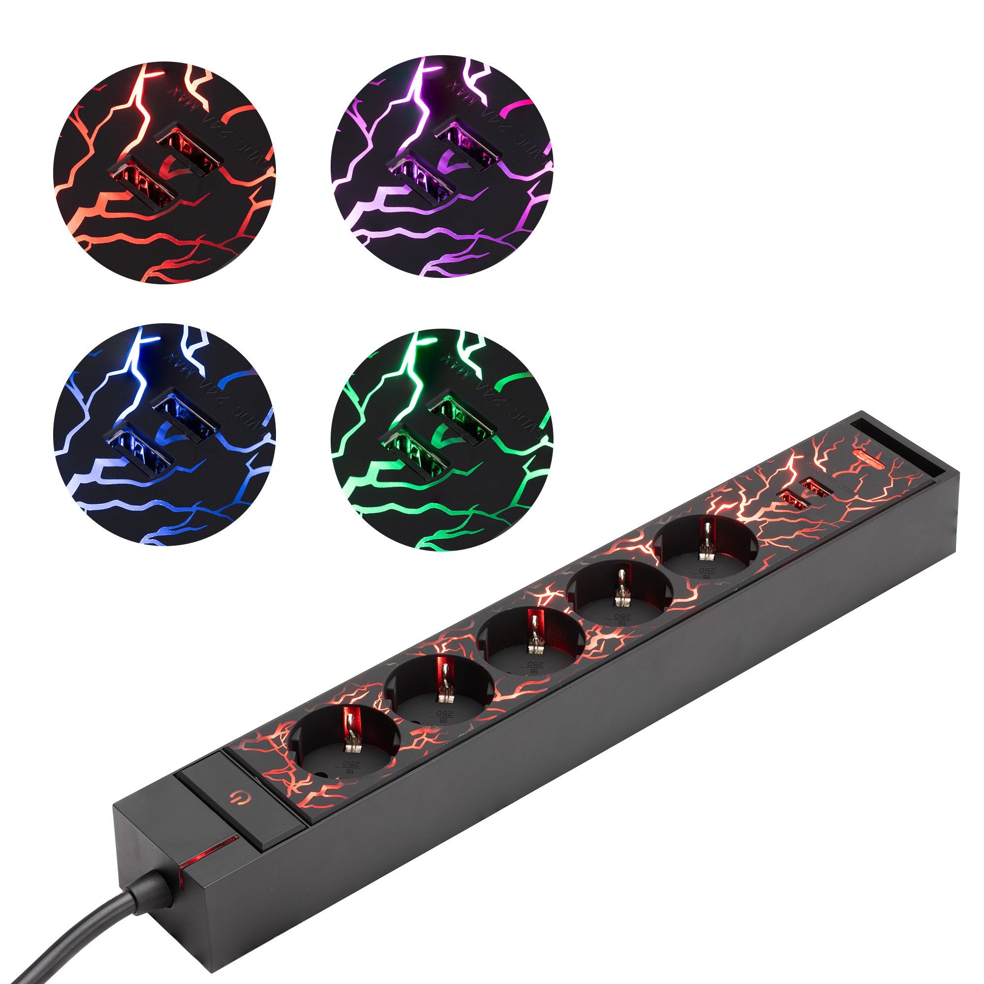 Navaris Steckdosenleiste, 5-fach Gaming Steckerleiste mit LED Beleuchtung -  2x USB - Schalter