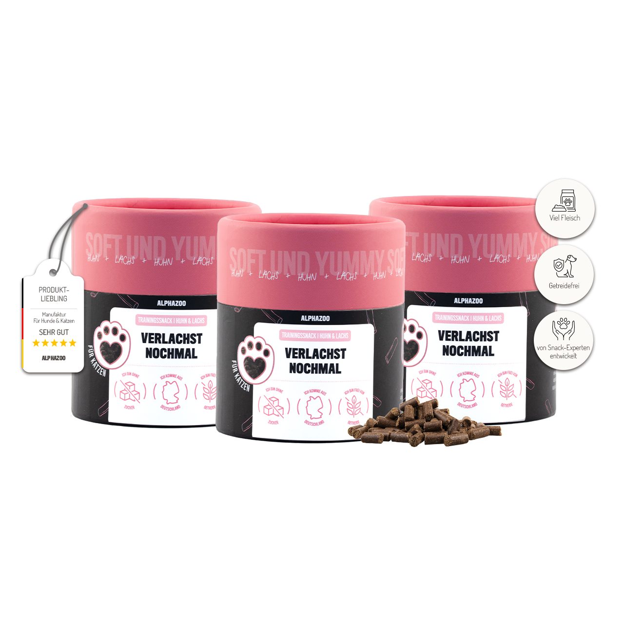 ALPHAZOO Verlachst Nochmal 3 x 65g, Weiche Katzenleckerli Lachs Huhn getreidefrei und ohne Zuckerzusatz, Snack für: Katzen, Katzensnack mit viel Fleisch und ohne Getreide