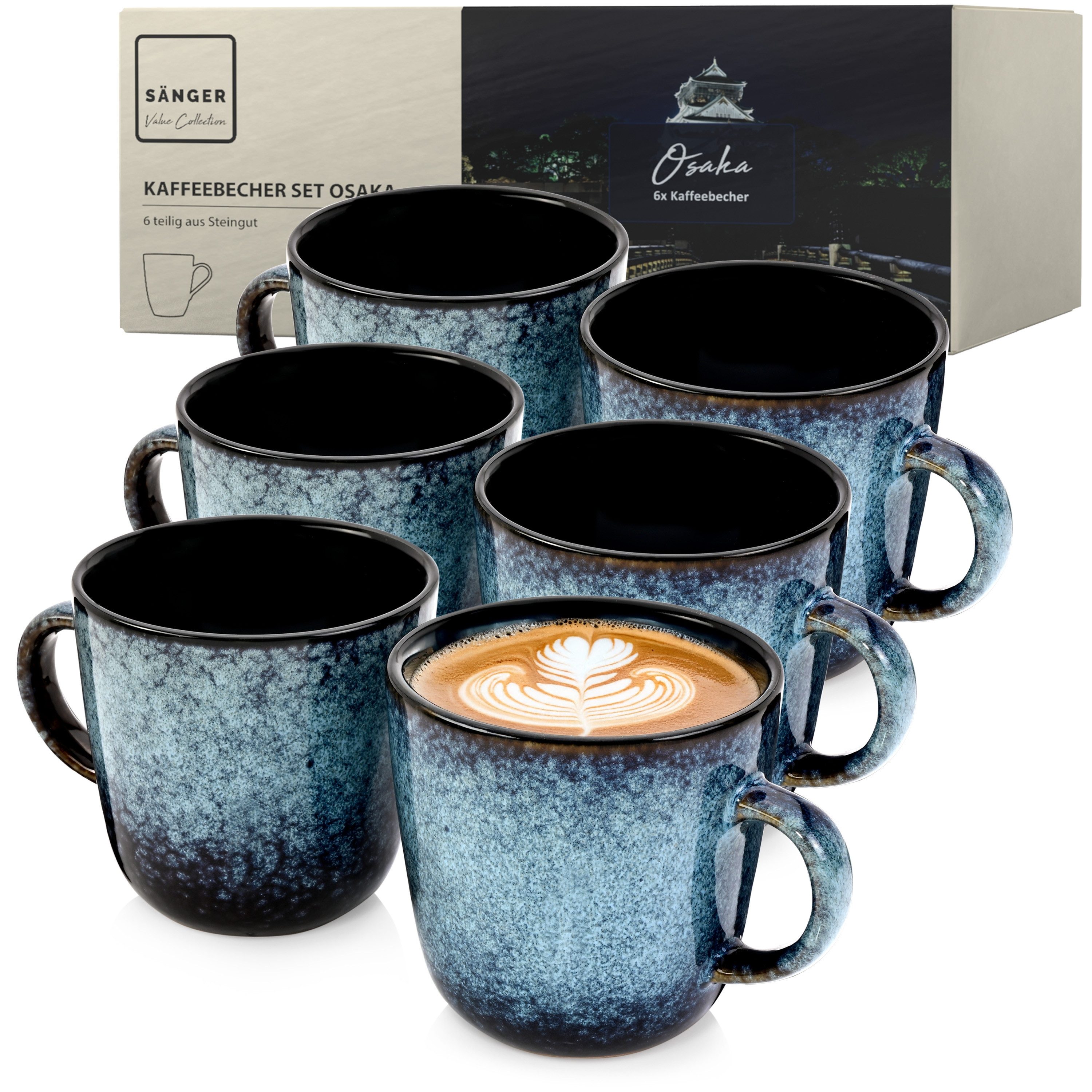 SÄNGER Becher Osaka Blau mit schwarzem Rand, Steingut, 6-tlg. Kaffeebecher Set, Erweiterbar, (400 ml), VALUE COLLECTION