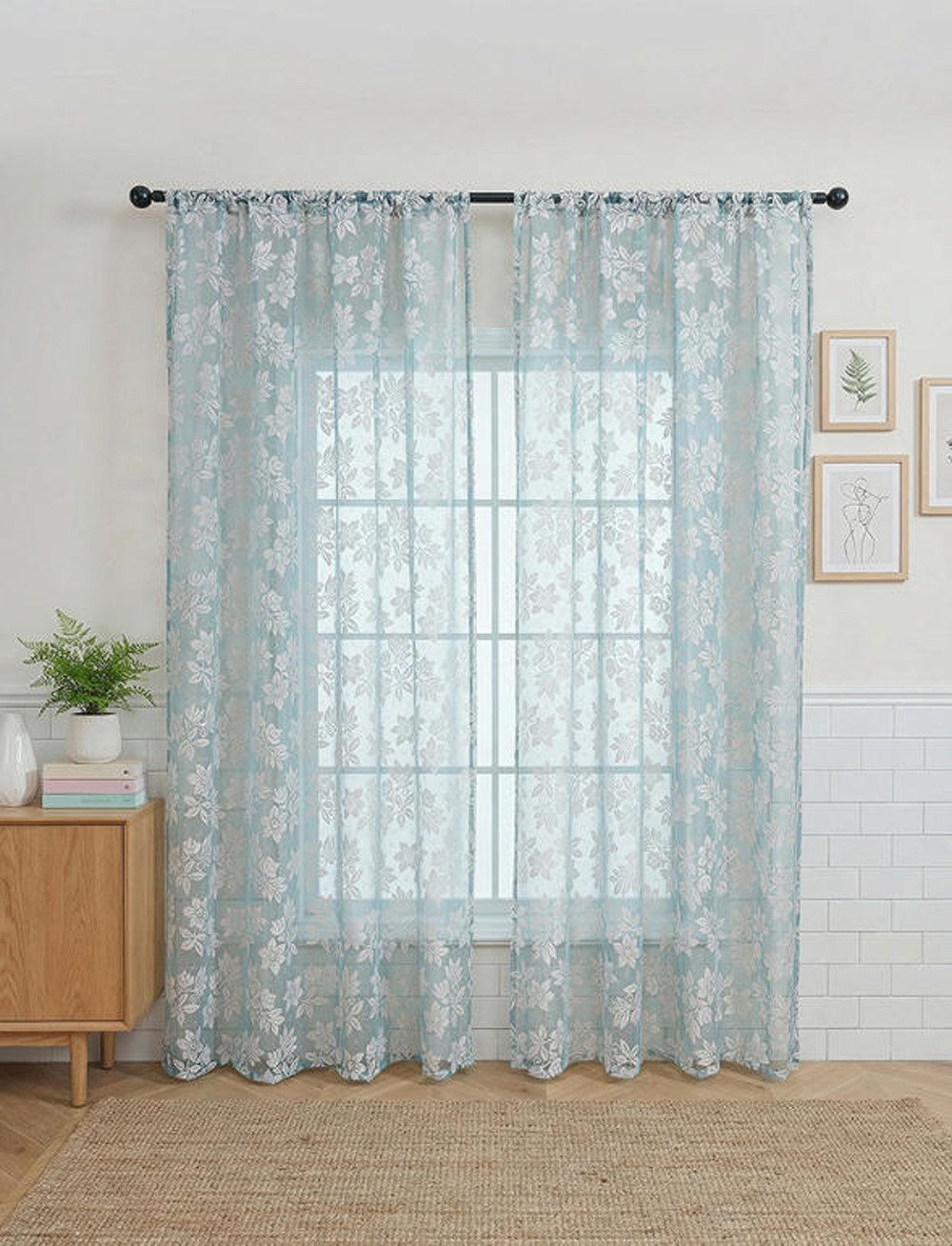 Diwzbyn Vorhang Spitzen Gardine, Halbtransparenter Fenstervorhang mit Blumenmuster (1 St), Scheibengardine als Sichtschutz für Wohnzimmer, Küche – Bild 2 von 5
