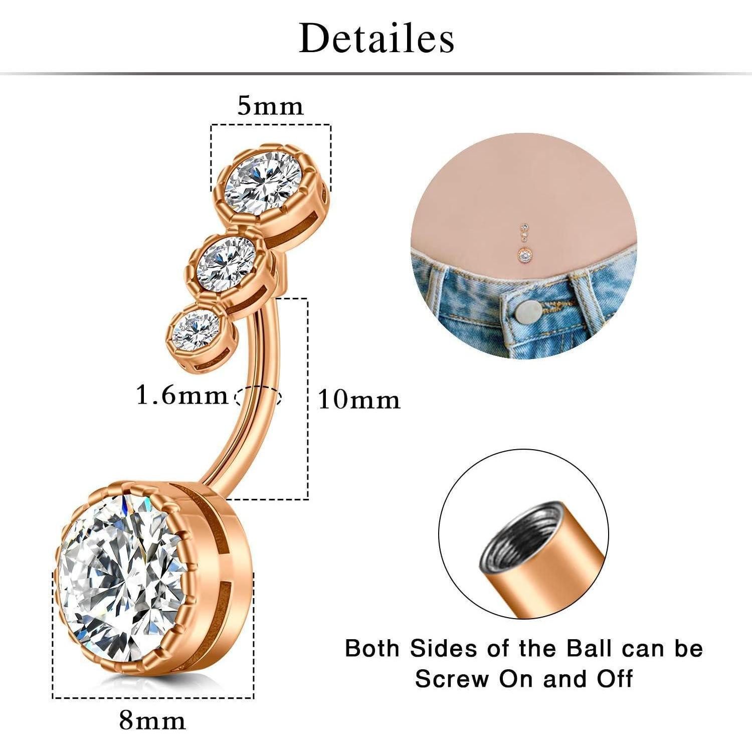 MODRSA Bauchnabelpiercing-Set Bauchnabelpiercing 14G Chirurgenstahl Zirkonia Stab 10MM Rosegold