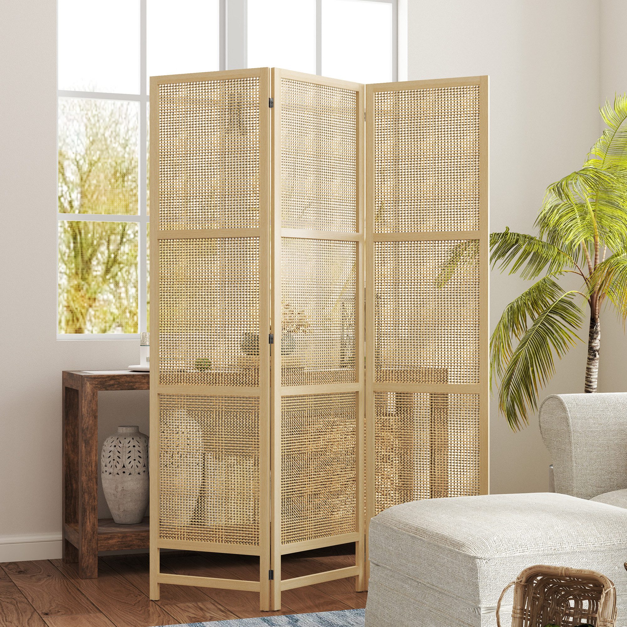 HOMCOM Paravent 3-teilig 135x180cm aus PP Rattan, Faltbar Raumtrenner Sichtschutz (Raumteiler, 1 St., Trennwand), für Wohnzimmer, Schlafzimmer, Naturholz