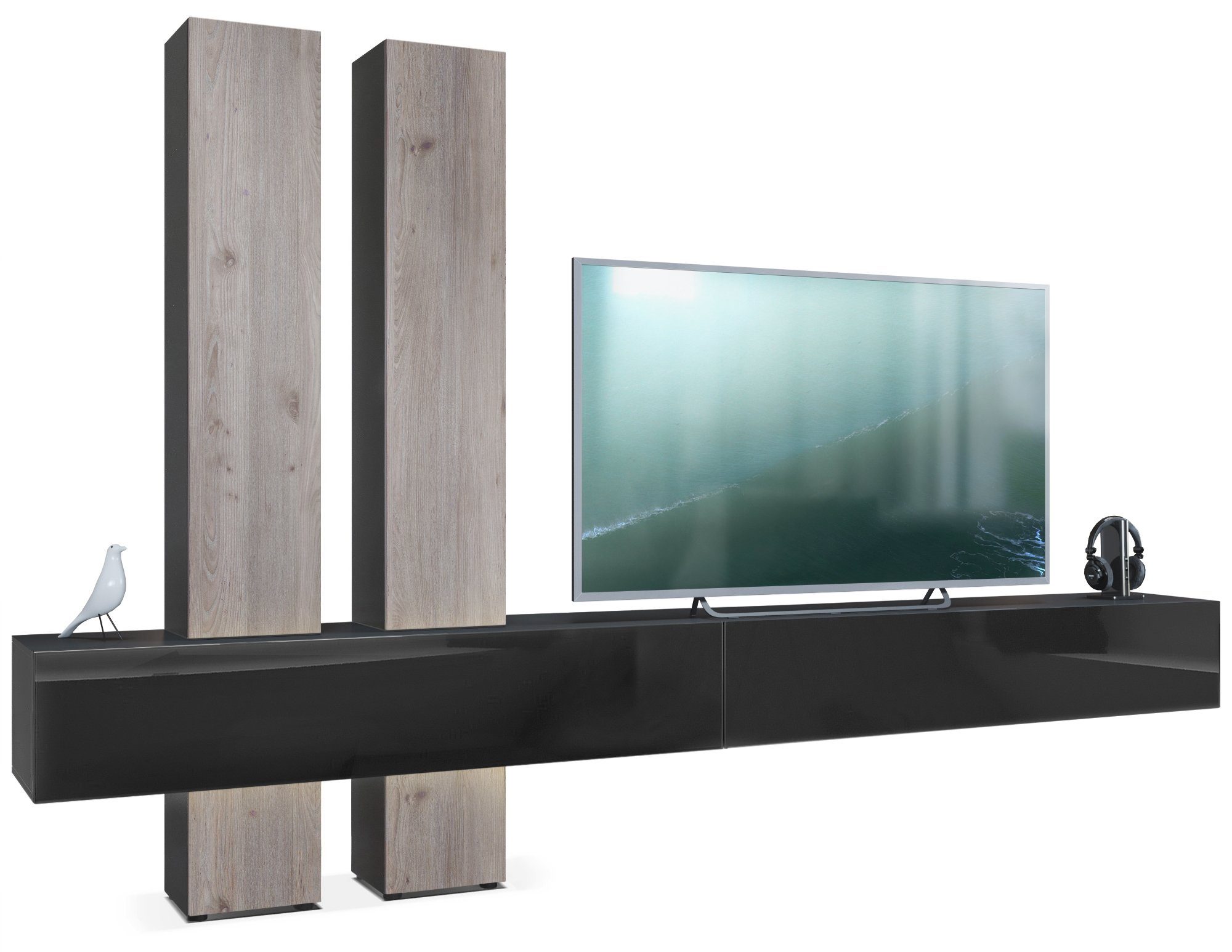 Vladon Wohnwand Moja, (Anbauwand, mit Rückwand mit 4 Türen und 2 Klappen), Schwarz matt/Schwarz Hochglanz und Eiche Nordic (330 x 204 x 39 cm)