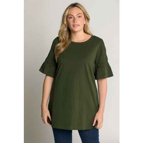 Ulla Popken Longshirt Longshirt Rüsche Rundhals Halbarm Biobaumwolle