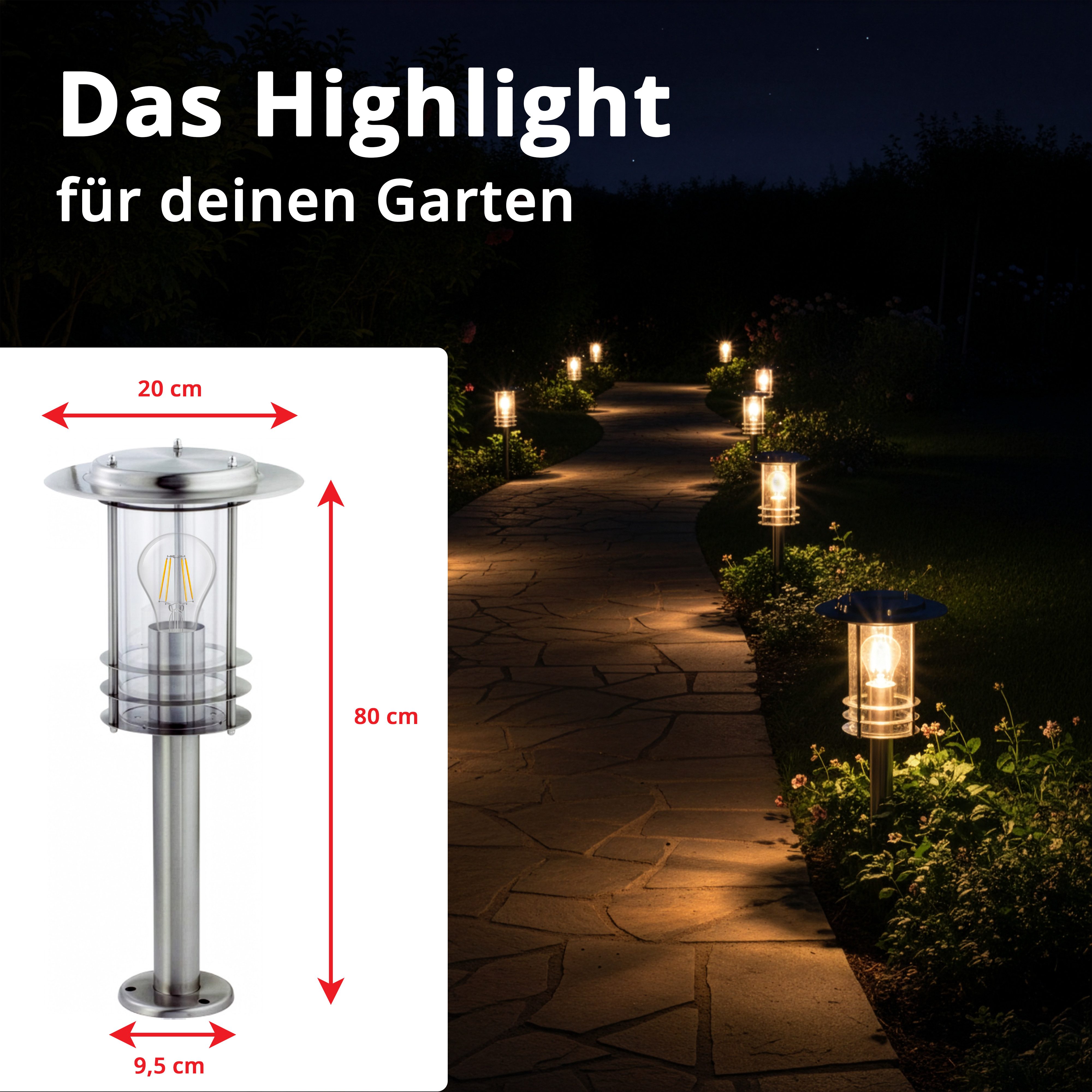 Grafner Gartenleuchte Wegleuchte Edelstahl Gartenlampe 80cm Standleuchte, ohne Leuchtmittel, Wegleuchte – Bild 5 von 5