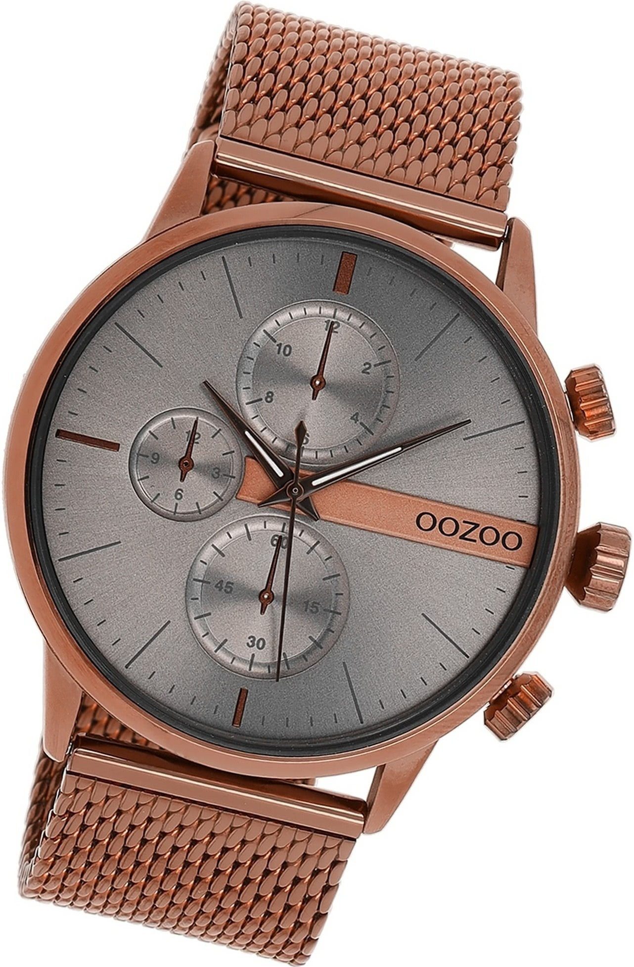 OOZOO Quarzuhr Oozoo Herren Armbanduhr Timepieces, Herrenuhr Metall, Mesharmband braun, rundes Gehäuse, groß (ca. 45mm)