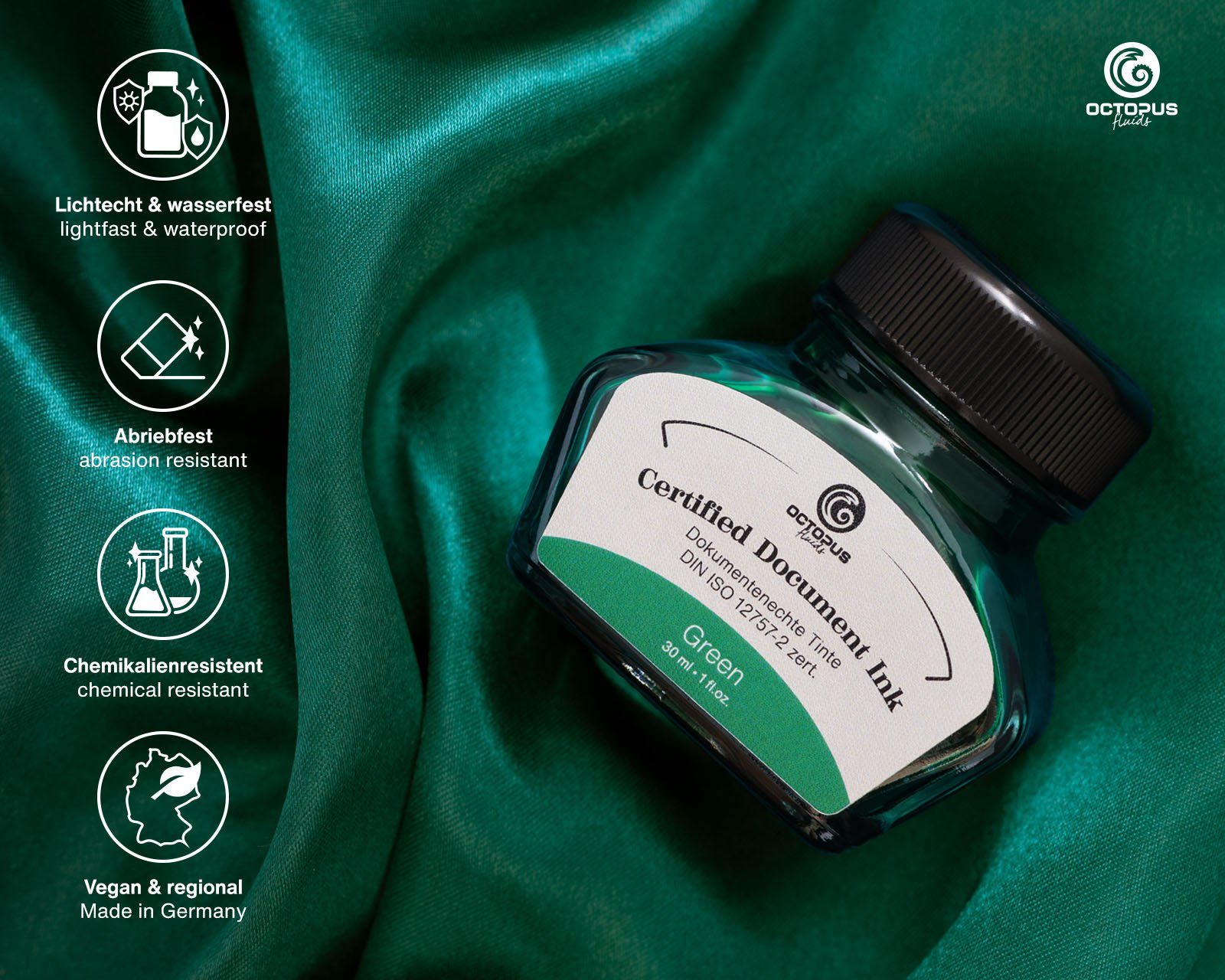 OCTOPUS Fluids Document Ink green, dokumentenechte Tinte, DIN ISO 12757-2, 30ml Tintenglas (30 ml, 1-tlg., pigmentiert)