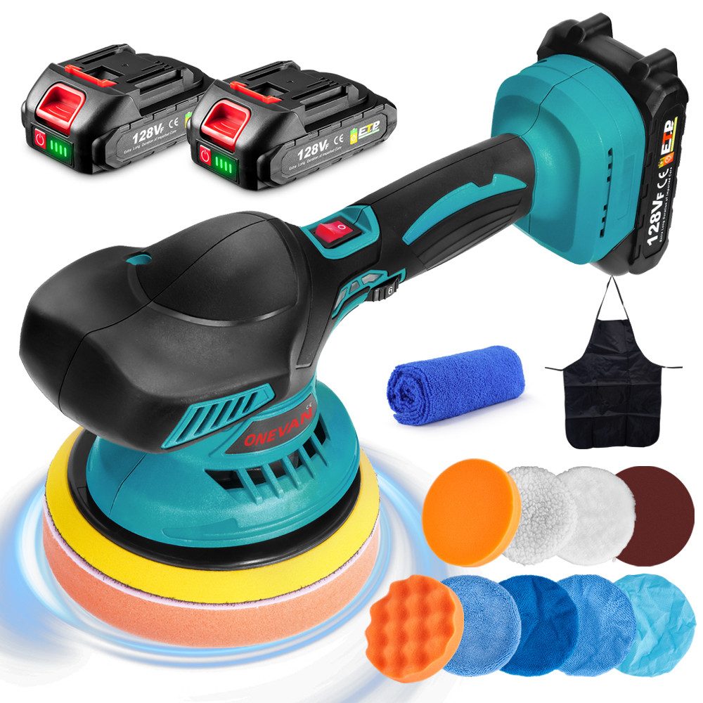 ONEVAN Akku-Poliermaschine 6 Zoll Auto Полировальные машины Puffer 6 Variable Geschwindig, (mit 2 x Akku, Mini 6 Zoll Exzenter Auto Poliermaschine Set), mit 2 x Akku, Exzenter Auto Poliermaschine Set