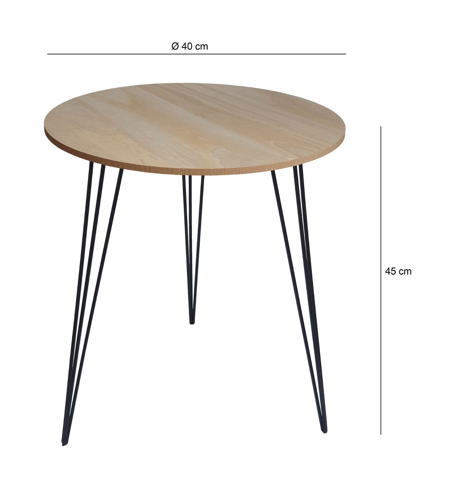 Tisch Meinposten Holztisch Durchmesser: der 40 Höhe: Holzplatte: Couchtisch Stärke (1-St), 40 Holz cm Metall 1 Ø Beistelltisch rund cm 45 cm Nachttisch cm Beistelltisch