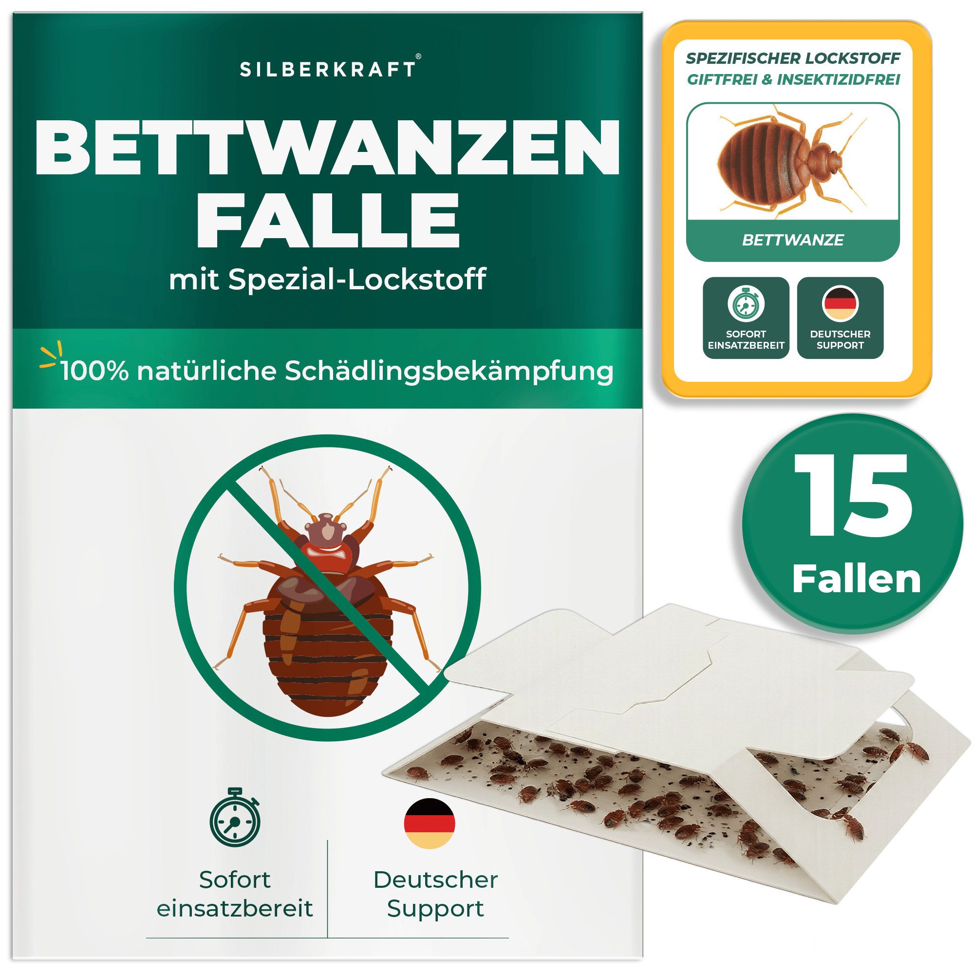 Silberkraft Insektenfalle Bettwanzenfalle mit Spezial-Lockstoff Frühzeitige Befallsüberwachung, Biozidfrei & Geruchslos Extrastarke klebefläche Gezielte Anlockung