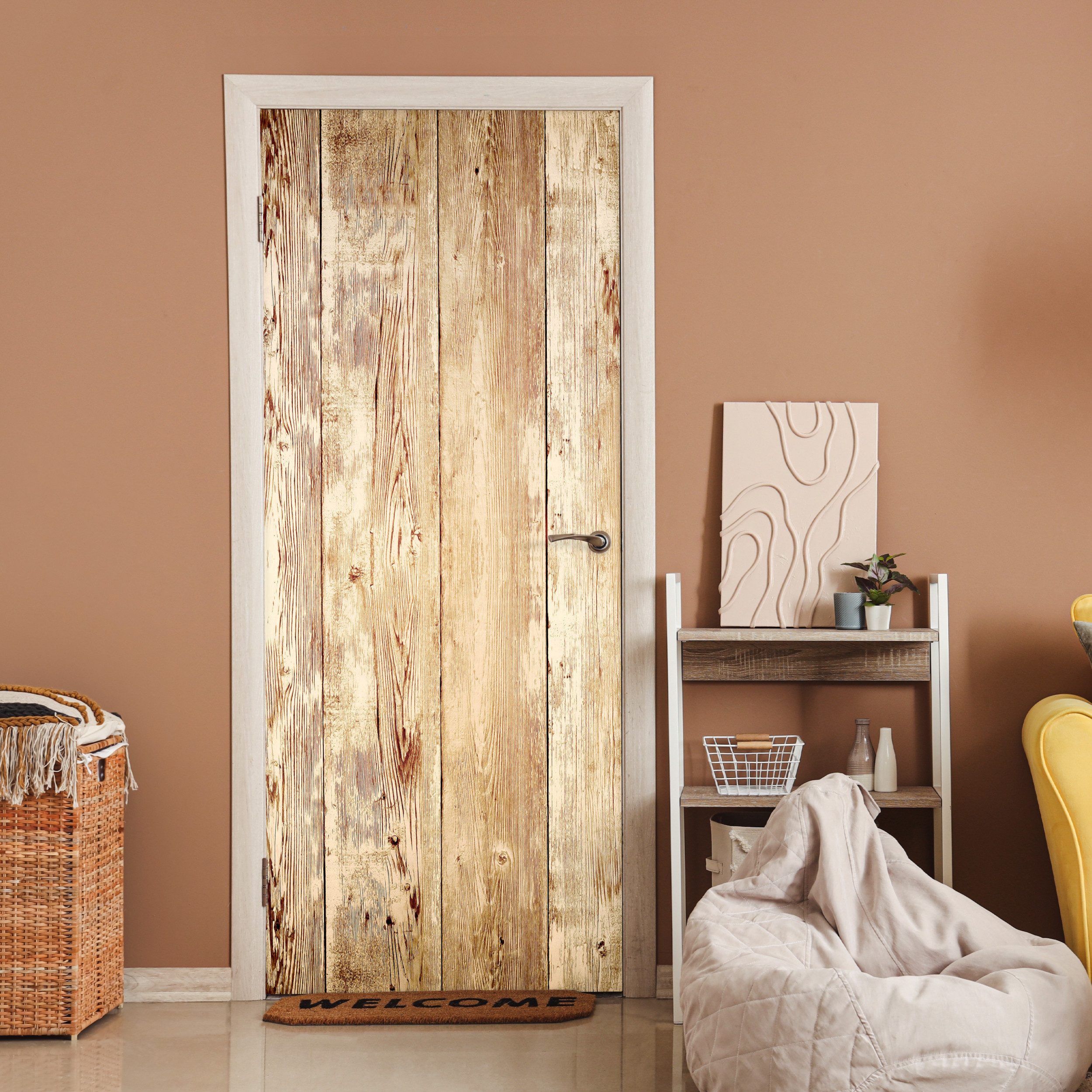MuchoWow Türtapete Holz - Vintage - Regal - Eiche, Matt, bedruckt, (1 St), Selbstklebende Tapete, Folie für Möbel, 75x205 cm