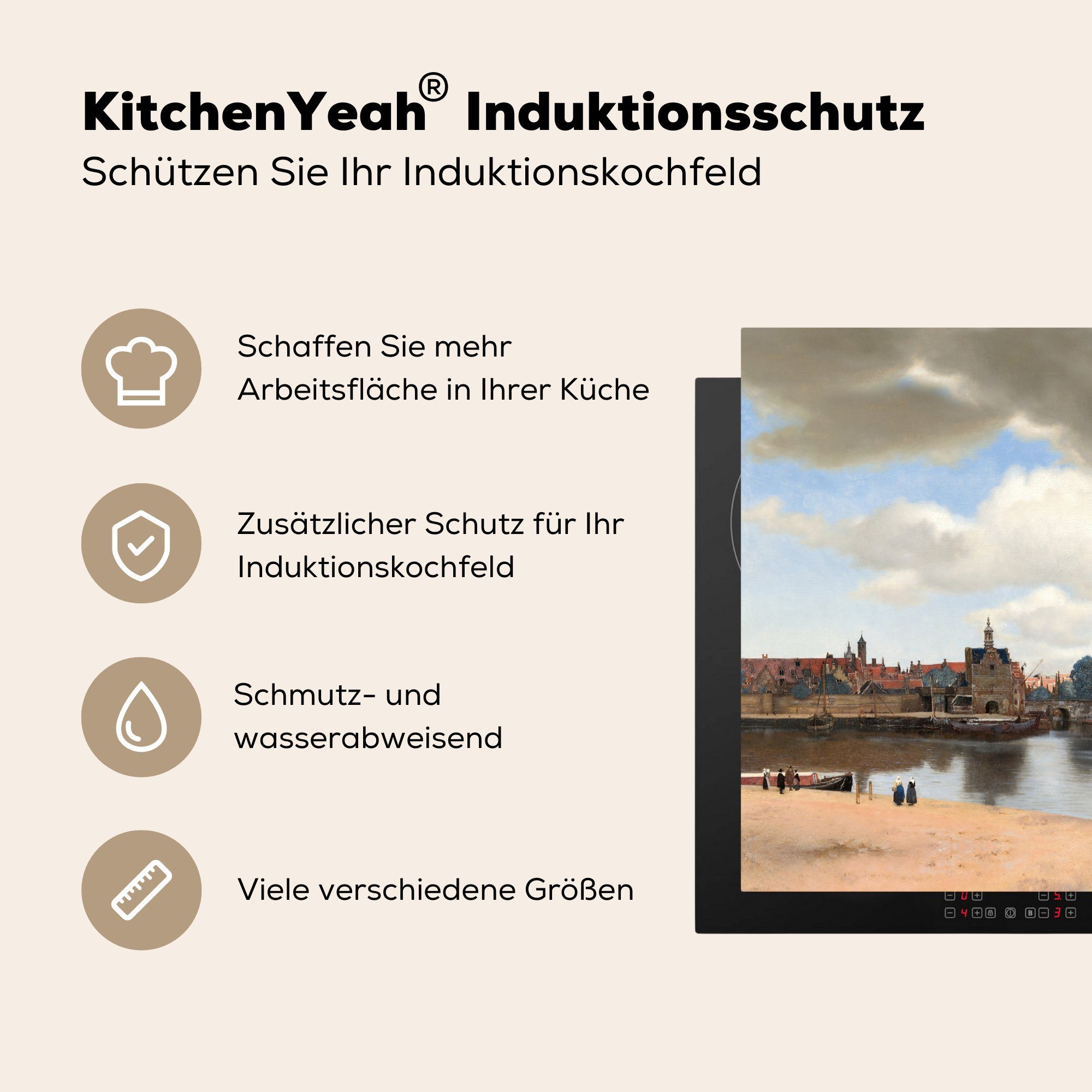 Gemälde für Ansicht von Johannes 78x78 Ceranfeldabdeckung, cm, tlg), Arbeitsplatte Herdblende-/Abdeckplatte MuchoWow küche - (1 Vinyl, Vermeer, Delft von