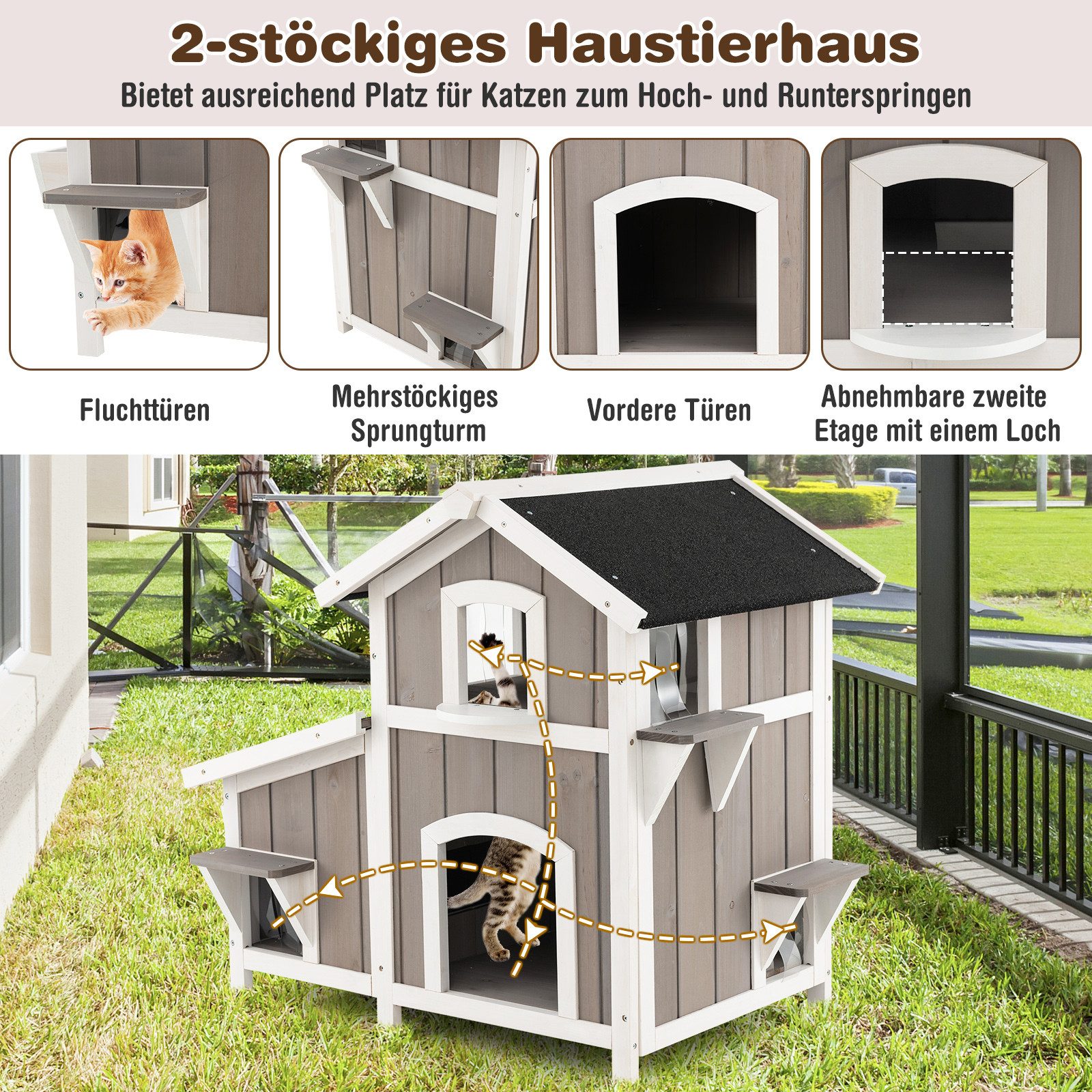 COSTWAY Tierhaus, Katzenhaus, 2-stöckig, mit Asphaltdach, für draußen