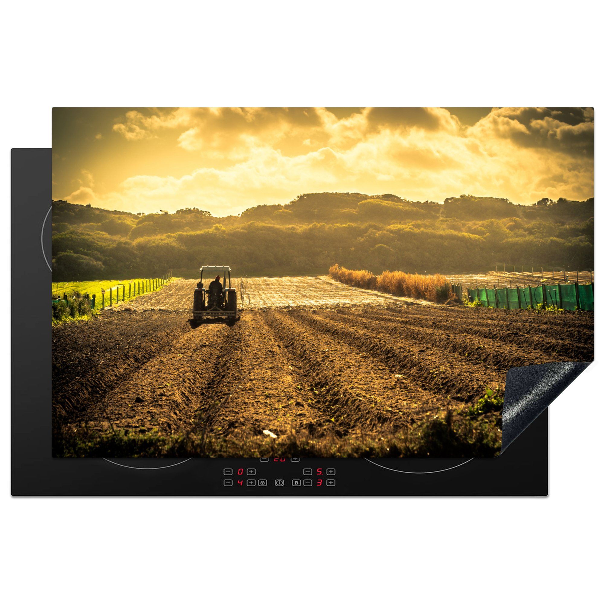MuchoWow Herdblende-/Abdeckplatte Sonne - Wolken - Traktor, Vinyl, (1 tlg), 81x52 cm, Induktionskochfeld Schutz für die küche, Ceranfeldabdeckung