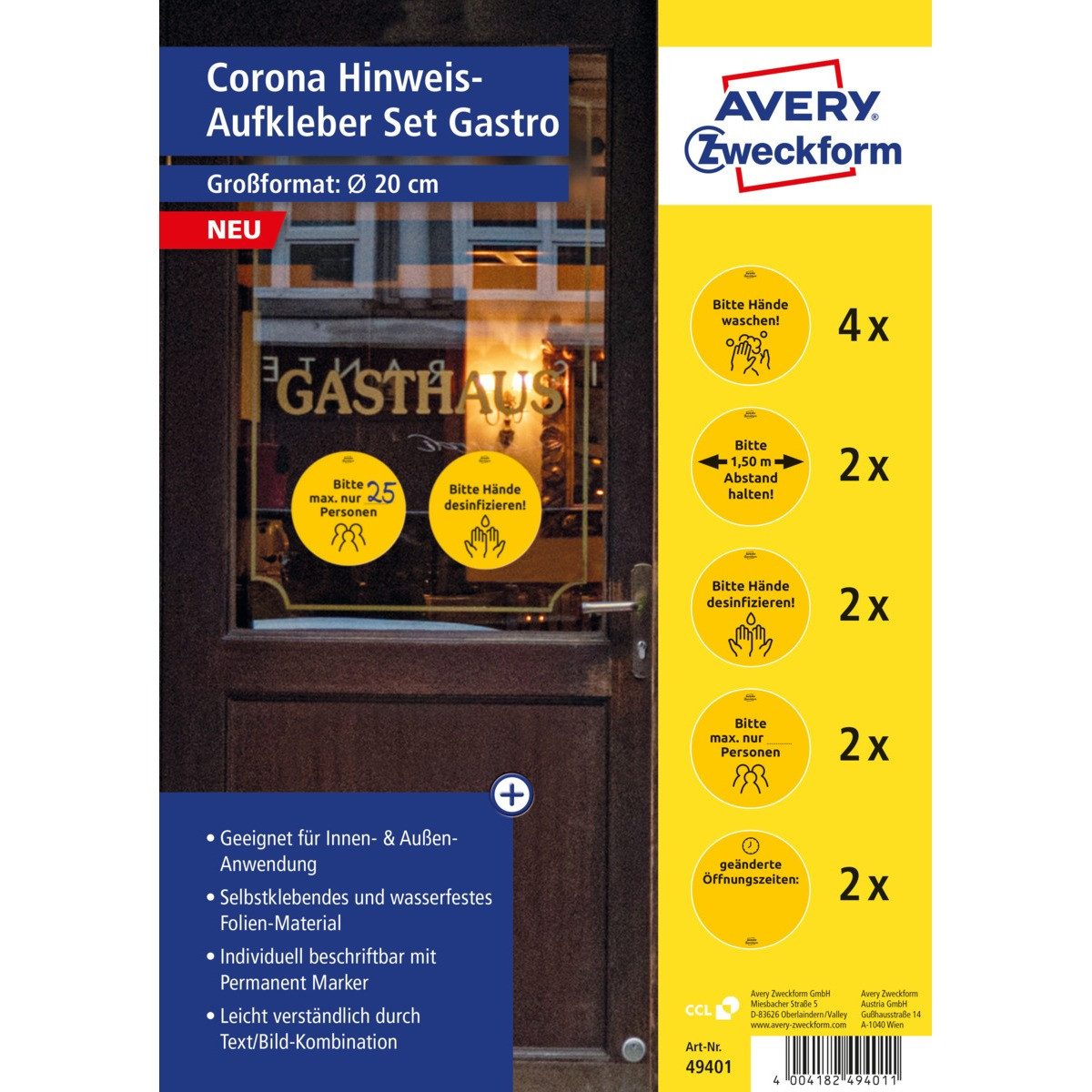 Avery Zweckform Etiketten AVERY Zweckform Corona Warnschilder Set Gastronomie gelb/schwarz Ø200m