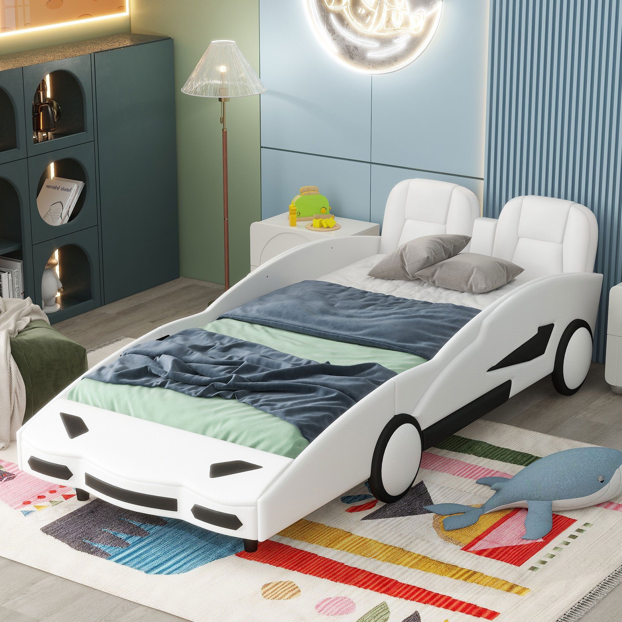 Ulife Autobett Kinderbett Spielbett Flachbett mit Rausfallschutz, 90×200cm, Kunstleder Weiß