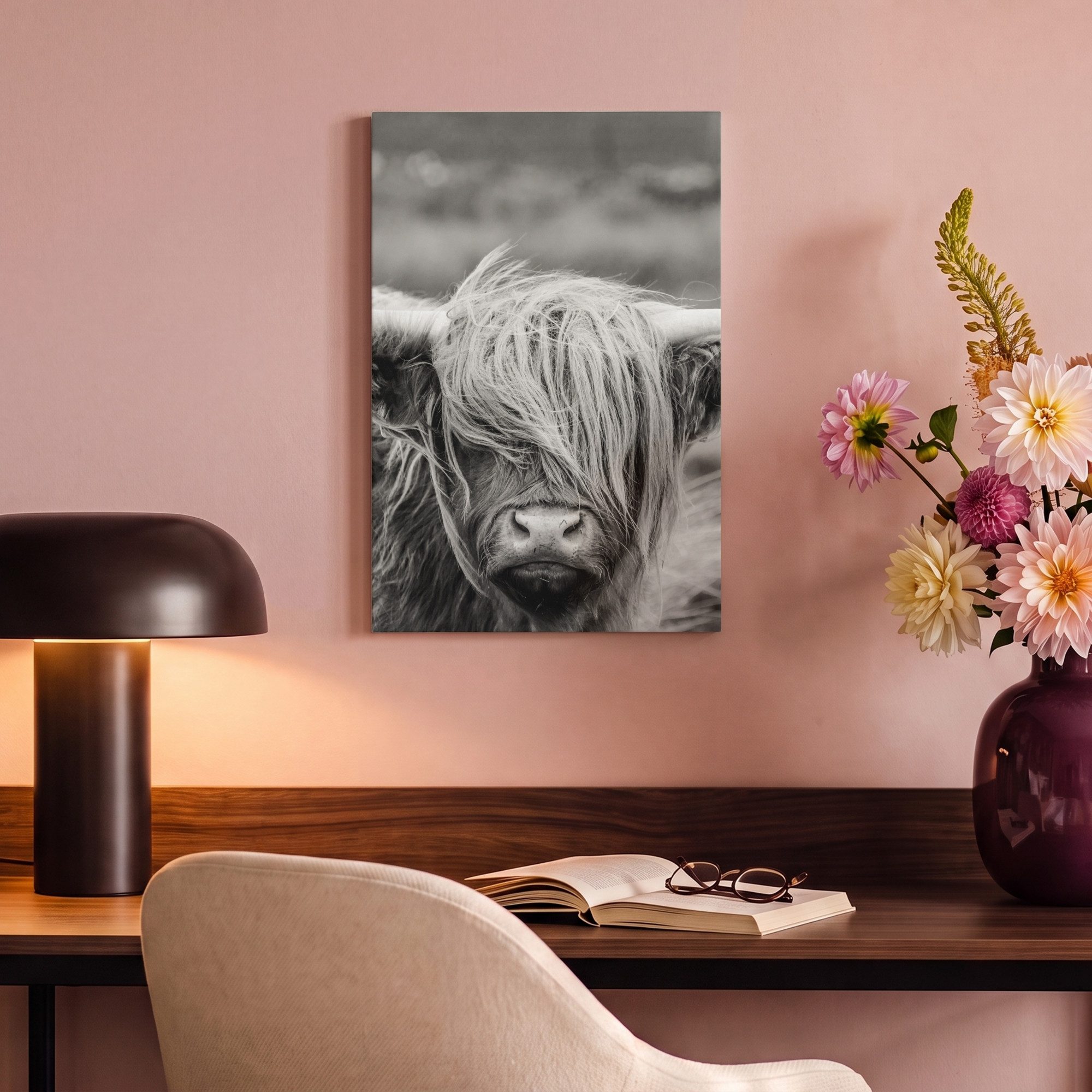 OneMillionCanvasses® Leinwandbild Schottischer Highlander - Kuh - Tiere - Schwarz-Weiß - Ländlich, Fotodruck (1 St), Leinwand Canvas Wandbild, Wanddekoration 20 – Bild 4 von 5
