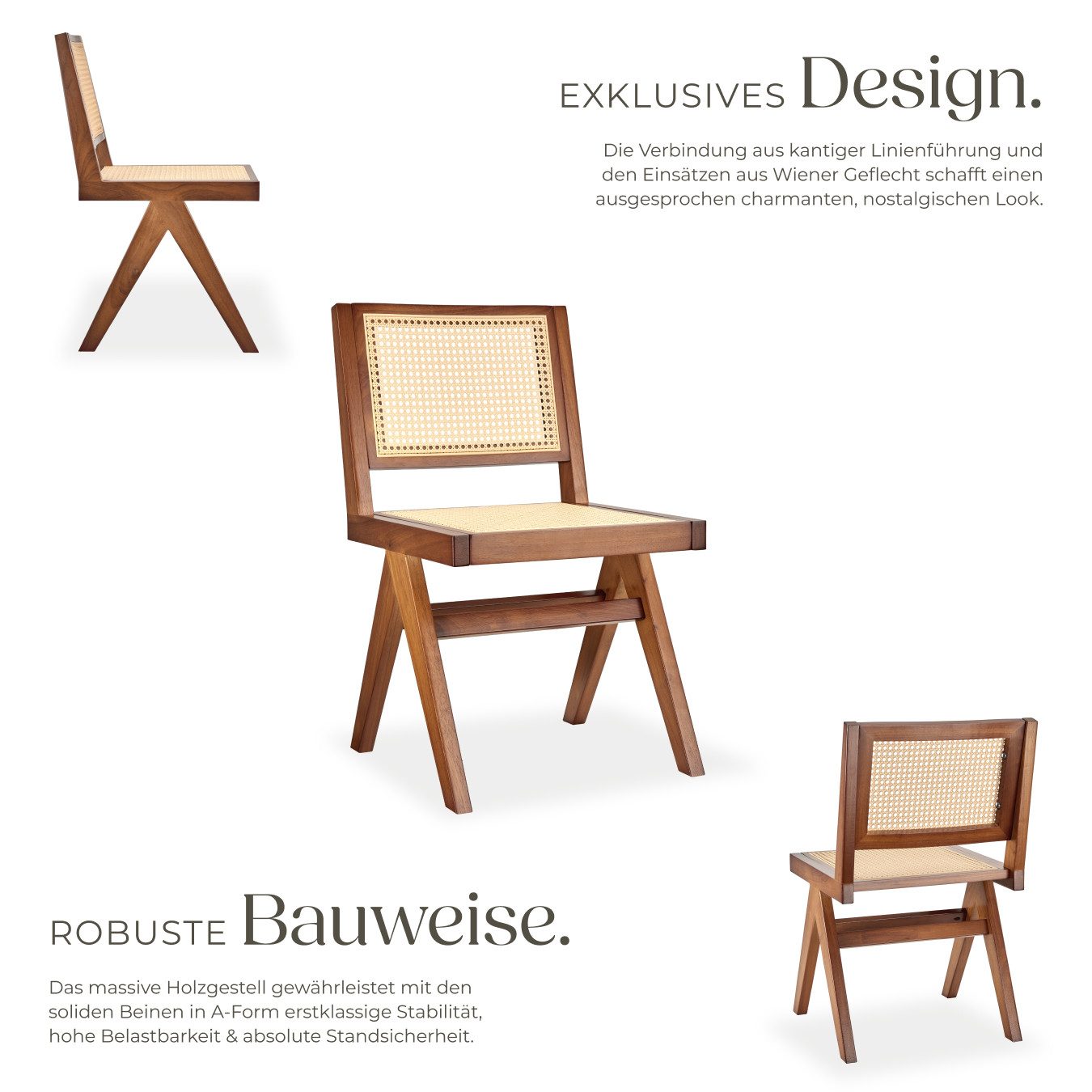tectake Esszimmerstuhl Holzstuhl im Boho-Stil, Belastbarkeit 120 kg, 48,5 x 53,5 x 83 cm (Massivholzstuhl Lissy in Eiche dunkel, 1 St), Sitzfläche mit Wiener Geflecht, massives Holzgestell mit Lackierung