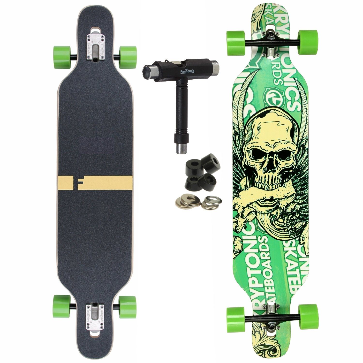 FunTomia Longboard Longboard in 3 Flex Stufen Camber Ahornholz + T-Tool - Skateboard Drop Through Cruiser Komplettboard Twin Tip mit LED Rollen und Mach1 Speed ABEC-9 Kugellager, Camber Twin Tip Flex 1 / 25 bis 122kg - Grün Totenkopf