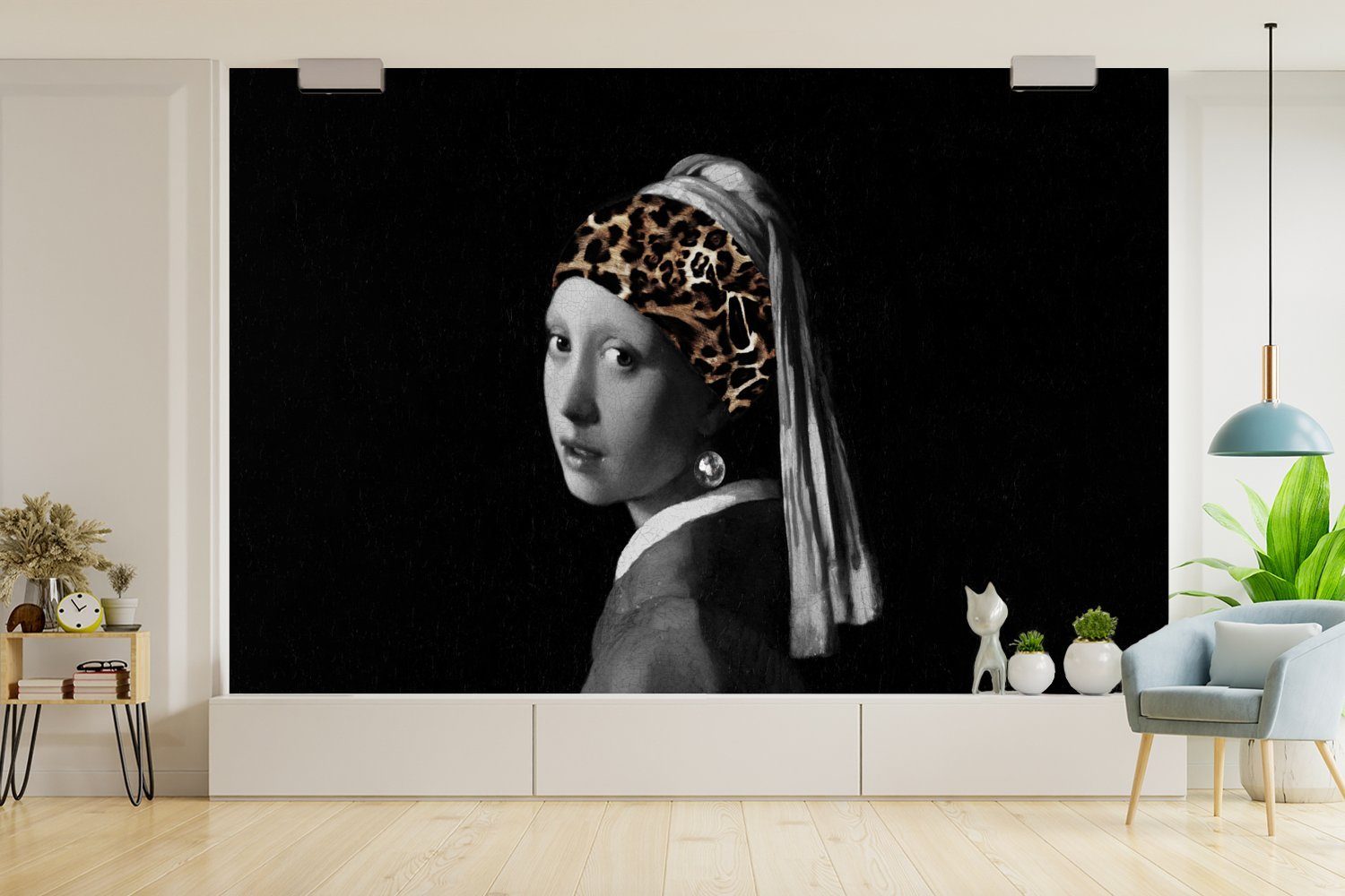 MuchoWow Fototapete Girl with Stirnband für Schlafzimmer, St), Earring Vinyl Tapete (6 Pearl - - a Wohnzimmer, Kinderzimmer, Wallpaper Pantherdruck, bedruckt, Matt